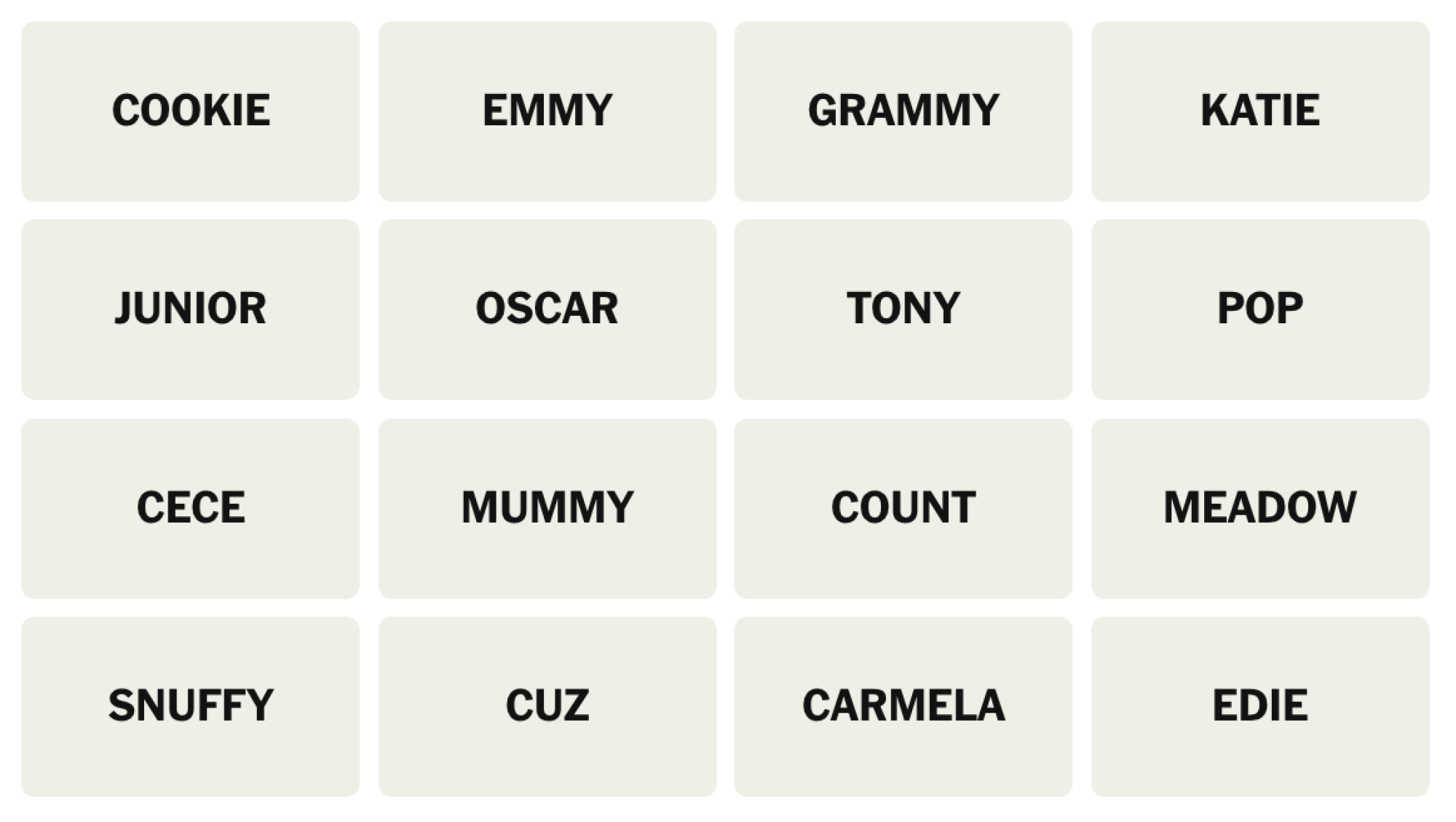 Tableau NYT Connections du 3 décembre 2024 : COOKIE, EMMY, GRAMMY, KATIE, JUNIOR, OSCAR, TONY, POP, CECE, MUMMY, COUNT, MEADOW, SNUFFY, CUZ, CARMELA, EDIE.