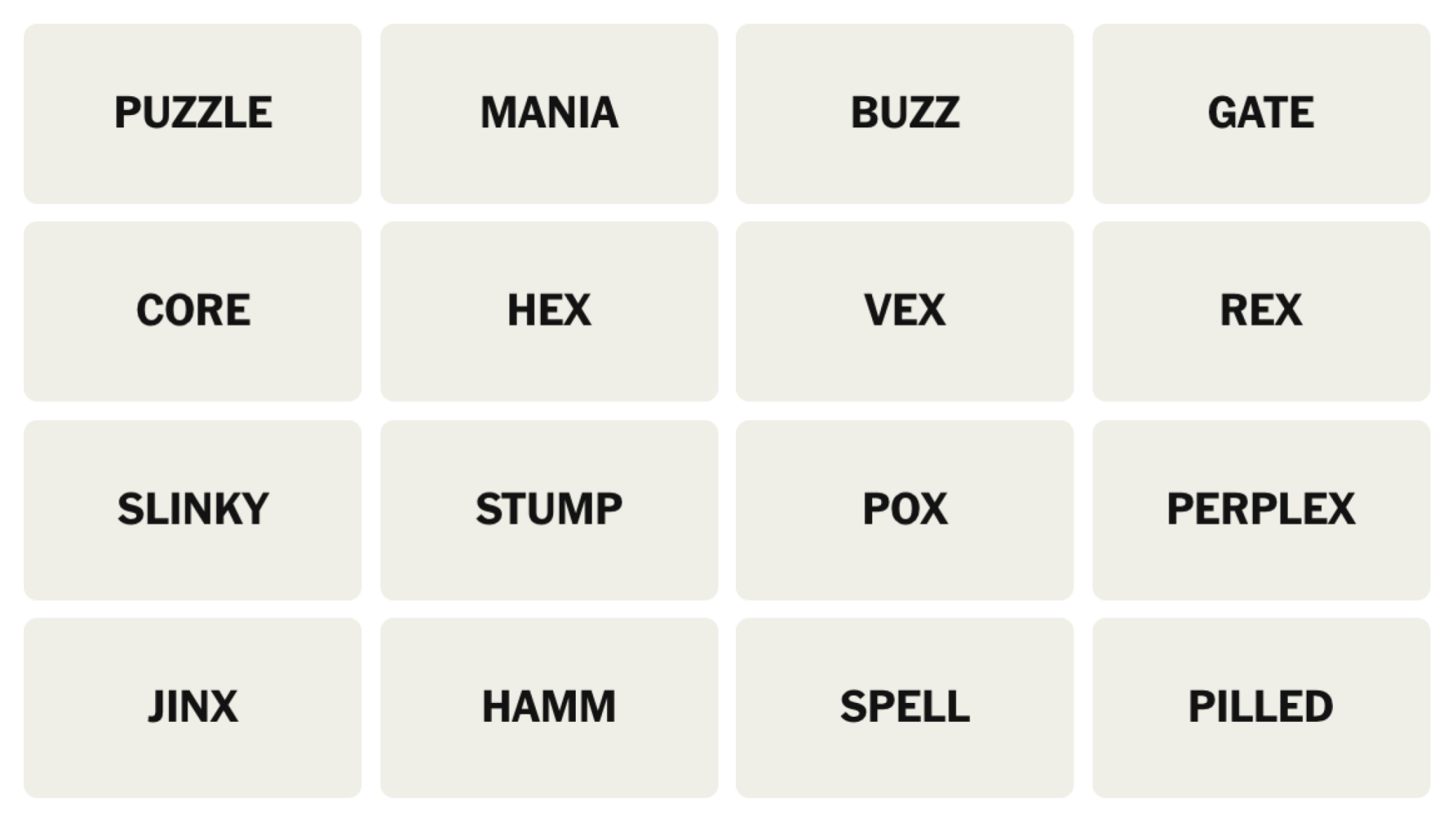 Tableau NYT Connections du 6 décembre 2024 : PUZZLE, MANIA, BUZZ, GATE, CORE, HEX, VEX, REX, SLINKY, STUMP, POX, PERPLEX, JINX, HAMM, SPELL, PILLED.