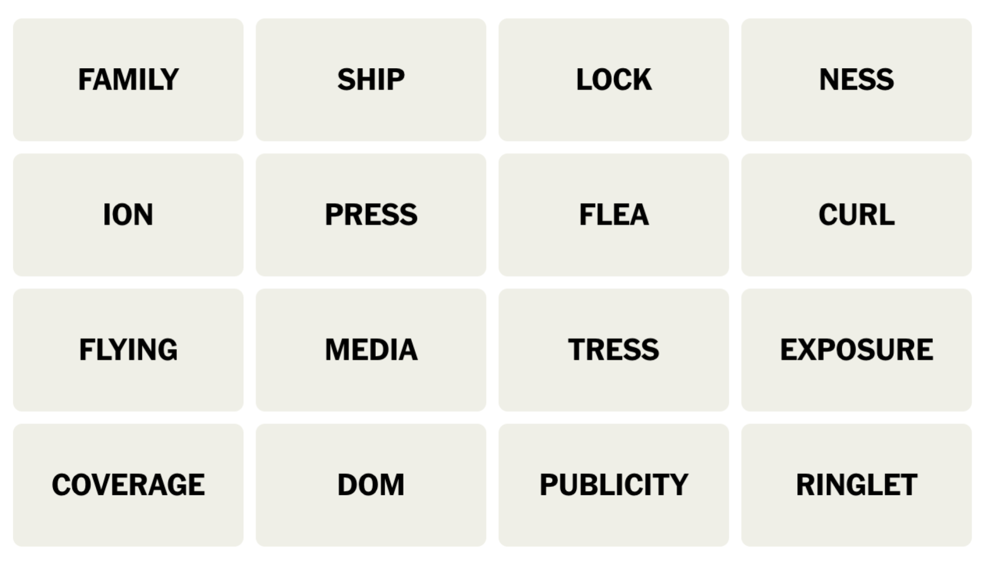 Tableau NYT Connections du 17 février 2024 : FAMILY, SHIP, LOCK, NESS, ION, PRESS, FLEA, CURL, FLYING, MEDIA, TRESS, EXPOSURE, COVERAGE, DOM, PUBLICITY, RINGLET.