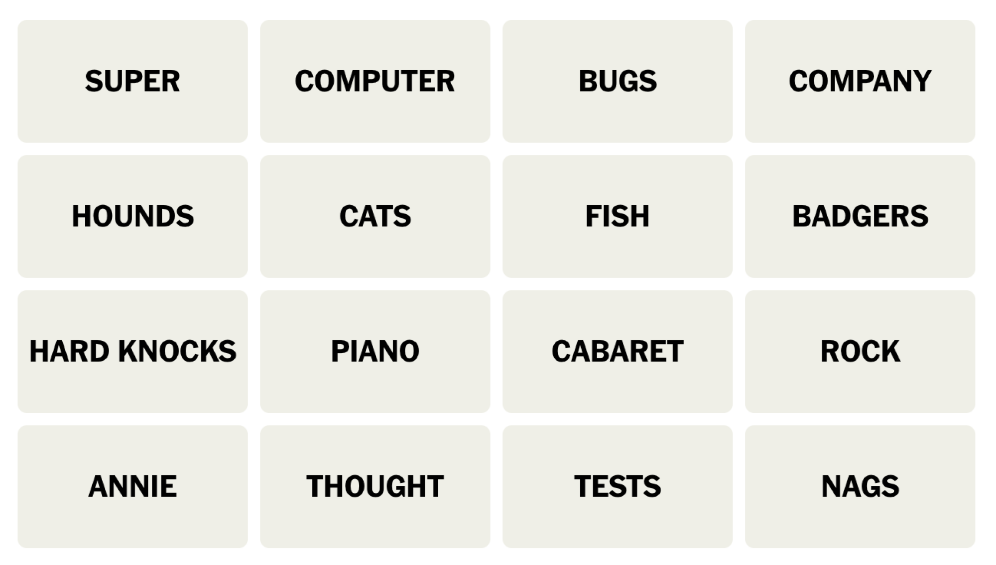 Tableau NYT Connections du 21 février 2024 : SUPER, ORDINATEUR, BUGS, COMPANY, HOUNDS, CATS, FISH, BLAIREAUX, HARD KNOCKS, PIANO, CABARET, ROCK, ANNIE, PENSEE, TESTS, NAGS.