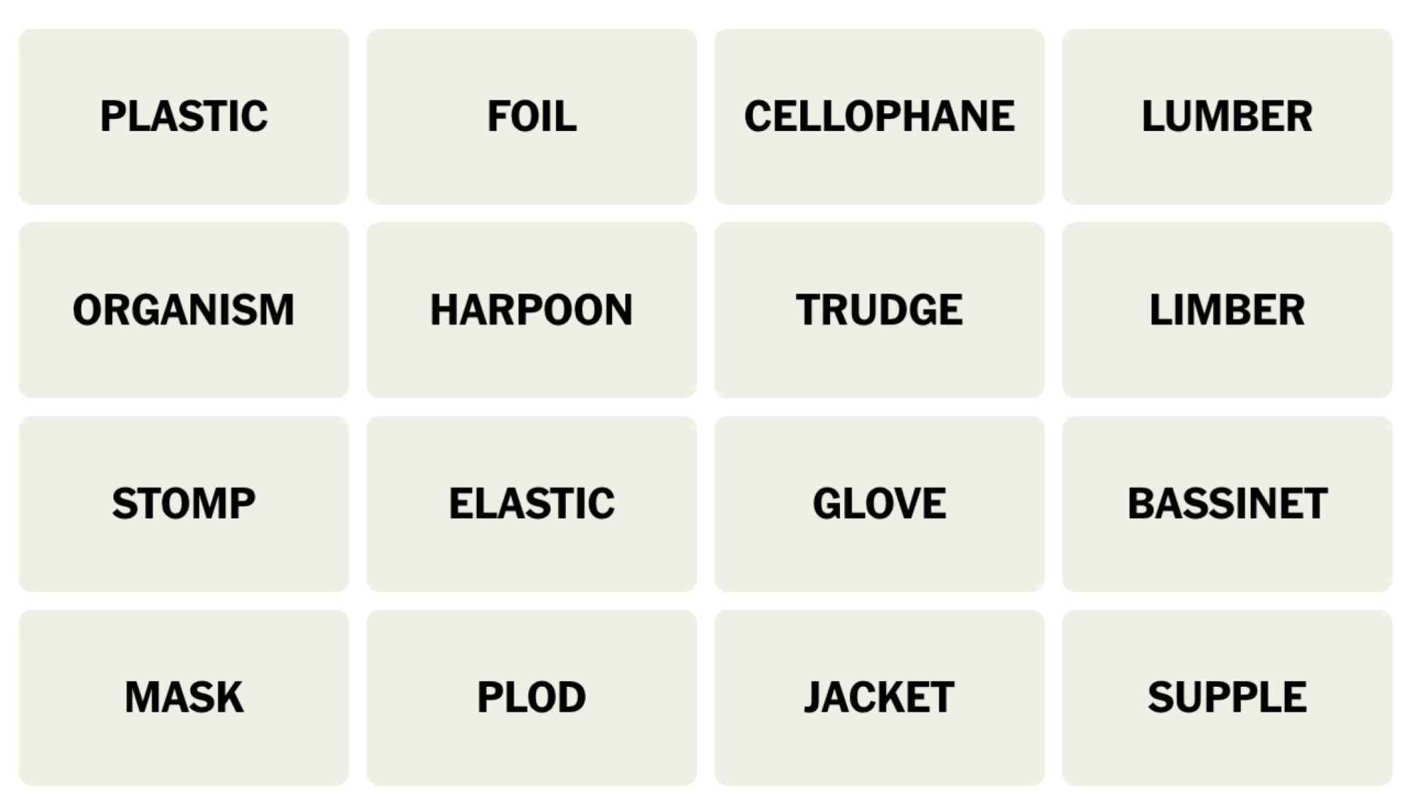 Tableau NYT Connections du 25 février 2024 : PLASTIQUE, FOIL, CELLOPHANE, LUMBER, ORGANISM, HARPOON, TRUDGE, LIMBER, STOMP, ELASTIC, GLOVE, BASSINET, MASK, PLOD, JACKET, SUPPLE.