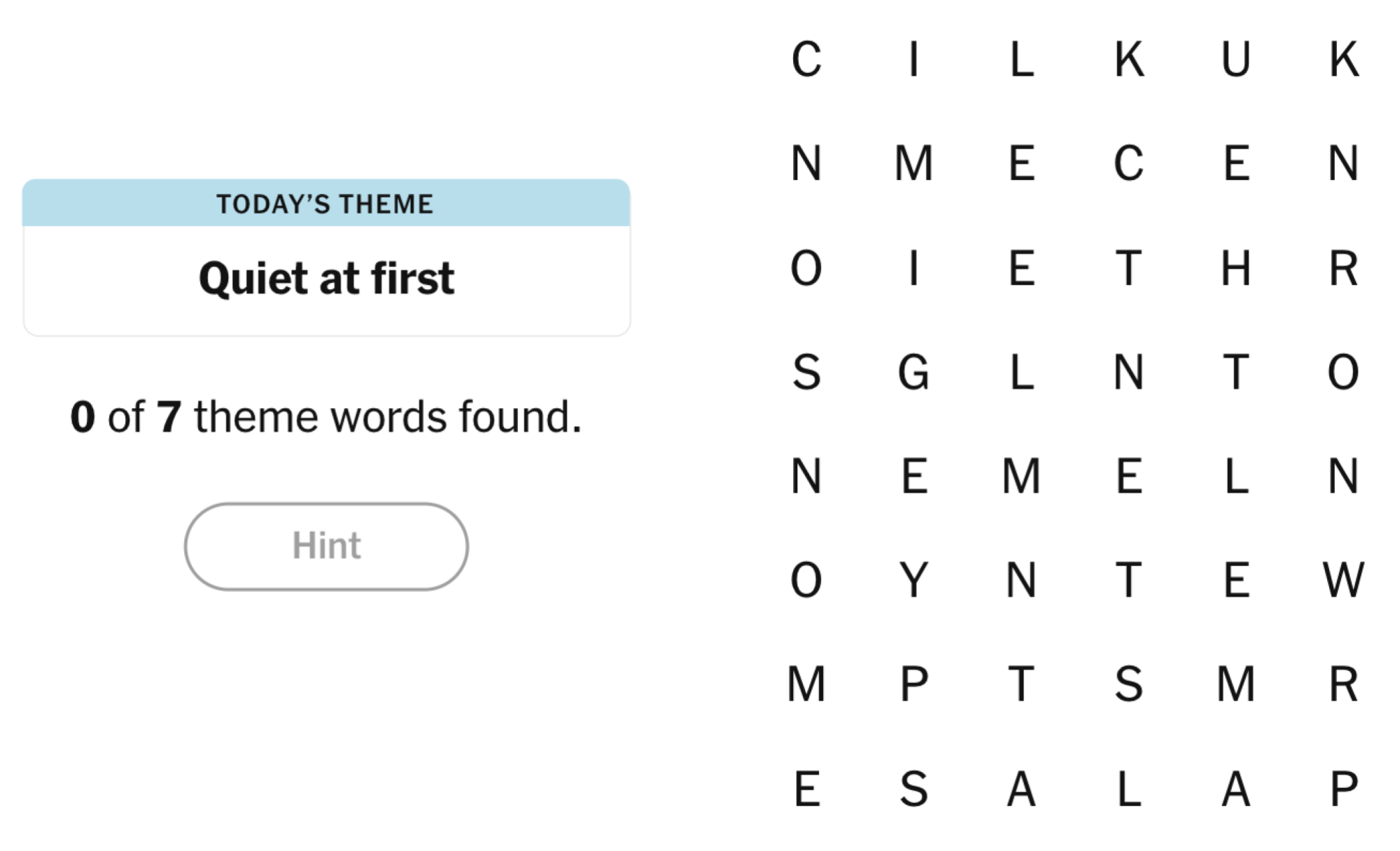 Tableau NYT Strands du 9 décembre 2024 : Calme au début.
