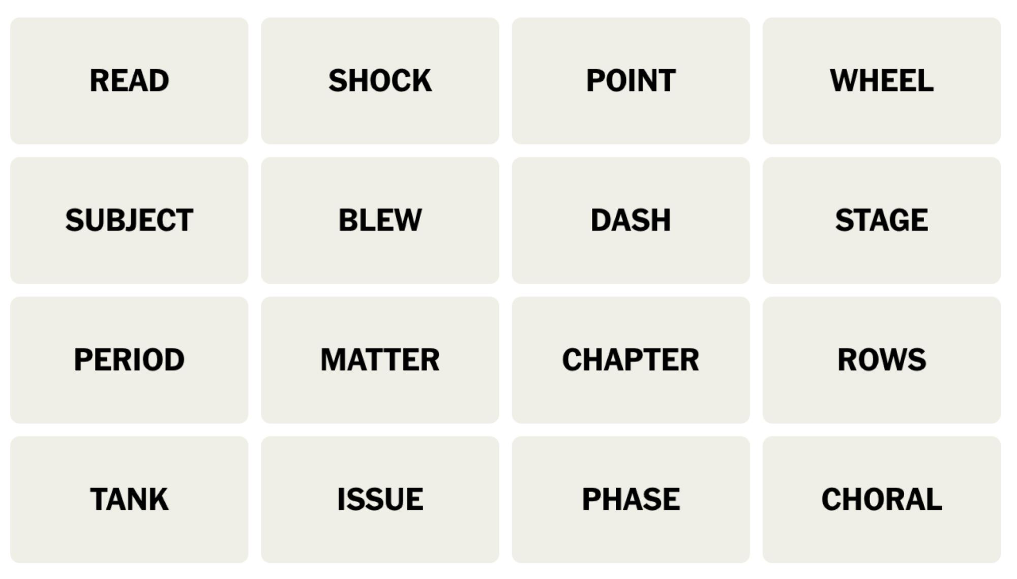 Tableau NYT Connections du 12 janvier 2024 : LECTURE, CHOC, POINT, ROUE, SUJET, BLEW, DASH, STAGE, PERIOD, MATTER, CHAPTER, ROWS, TANK, ISSUE, PHASE, CHORAL.