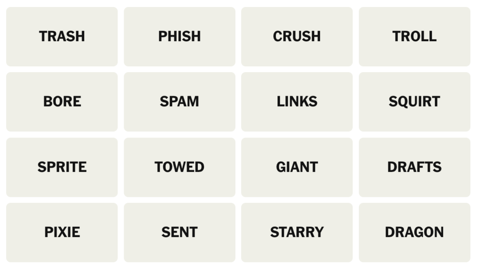 Tableau NYT Connections du 13 décembre 2024 : TRASH, PHISH, CRUSH, TROLL, BORE, SPAM, LINKS, SQUIRT, SPRITE, TOWED, GIANT, DRAFTS, PIXIE, SENT, STARRY, DRAGON.