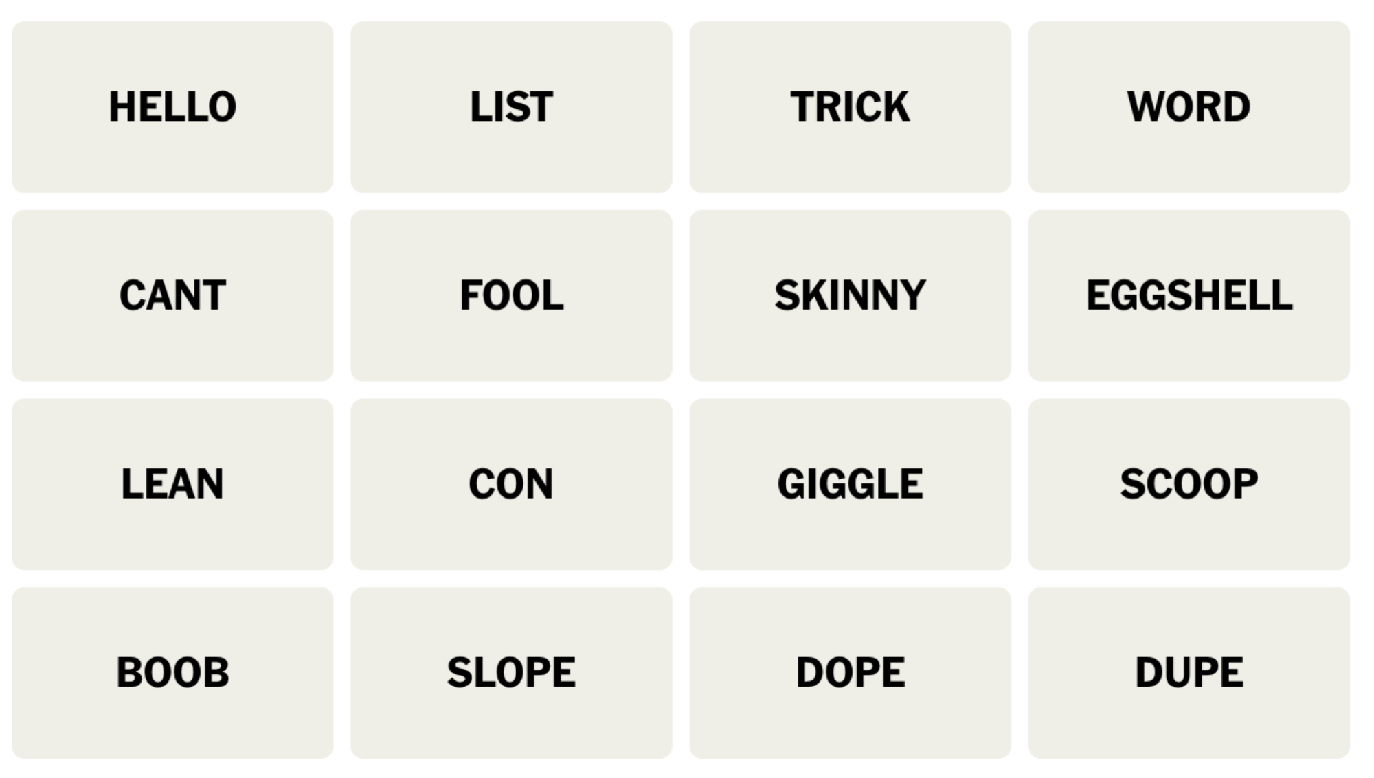 Tableau NYT Connections du 16 janvier 2024 : HELLO, LIST, TRICK, WORD, CANT, FOOL, SKINNY, EGGSHELL, LEAN, CON, GIGGLE, SCOOP, BOOB, SLOPE, DOPE, DUPE.