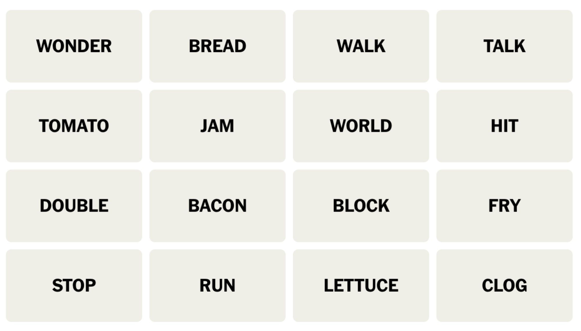 Tableau NYT Connections du 2 janvier 2024 : WONDER, BREAD, WALK, TALK, TOMATO, JAM, WORLD, HIT, DOUBLE, BACON, BLOCK, FRY, STOP, RUN, LETTUCE, CLOG.