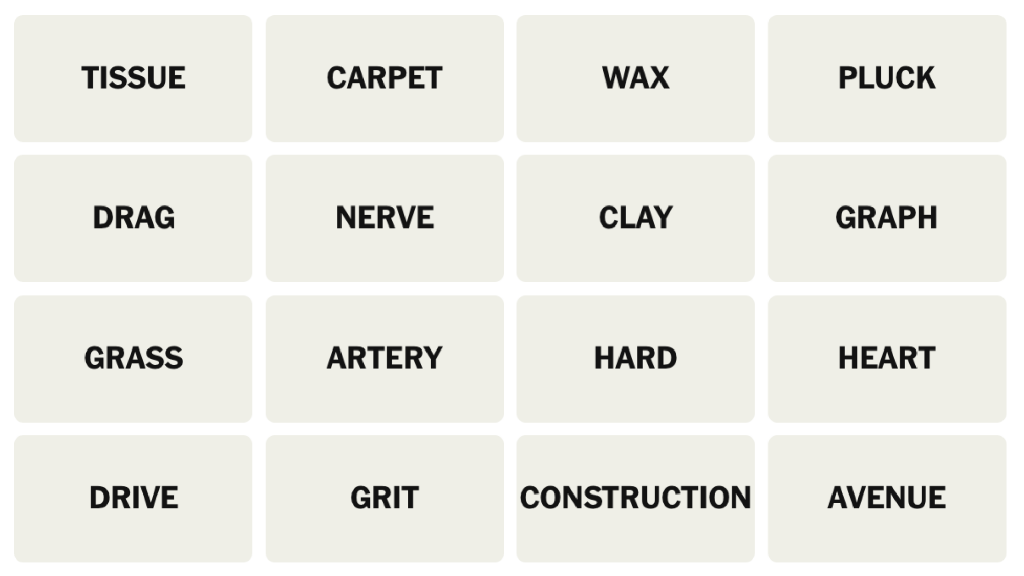 Tableau NYT Connections du 17 décembre 2024 : TISSUE, CARPET, WAX, PLUCK, DRAG, NERVE, CLAY, GRAPH, GRASS, ARTERY, DUR, HEART, DRIVE, GRIT, CONSTRUCTION, AVENUE.