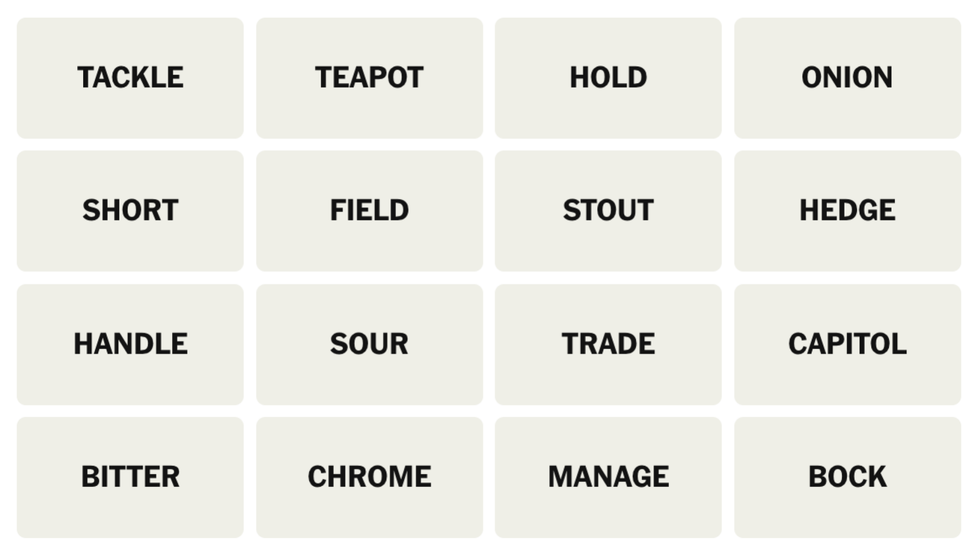 Tableau NYT Connections du 18 décembre 2024 : TACKLE, TEAPOT, HOLD, ONION, SHORT, FIELD, STOUT, HEDGE, HANDLE, SOUR, TRADE, CAPITOL, BITTER, CHROME, MANAGE, BOCK.