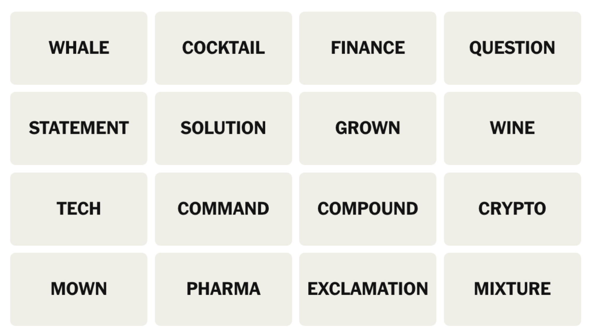 Tableau NYT Connections du 20 décembre 2024 : BALEINE, COCKTAIL, FINANCE, QUESTION, STATEMENT, SOLUTION, GROWN, WINE, TECH, COMMAND, COMPOUND, CRYPTO, MOWN, PHARMA, EXCLAMATION, MIXTURE.
