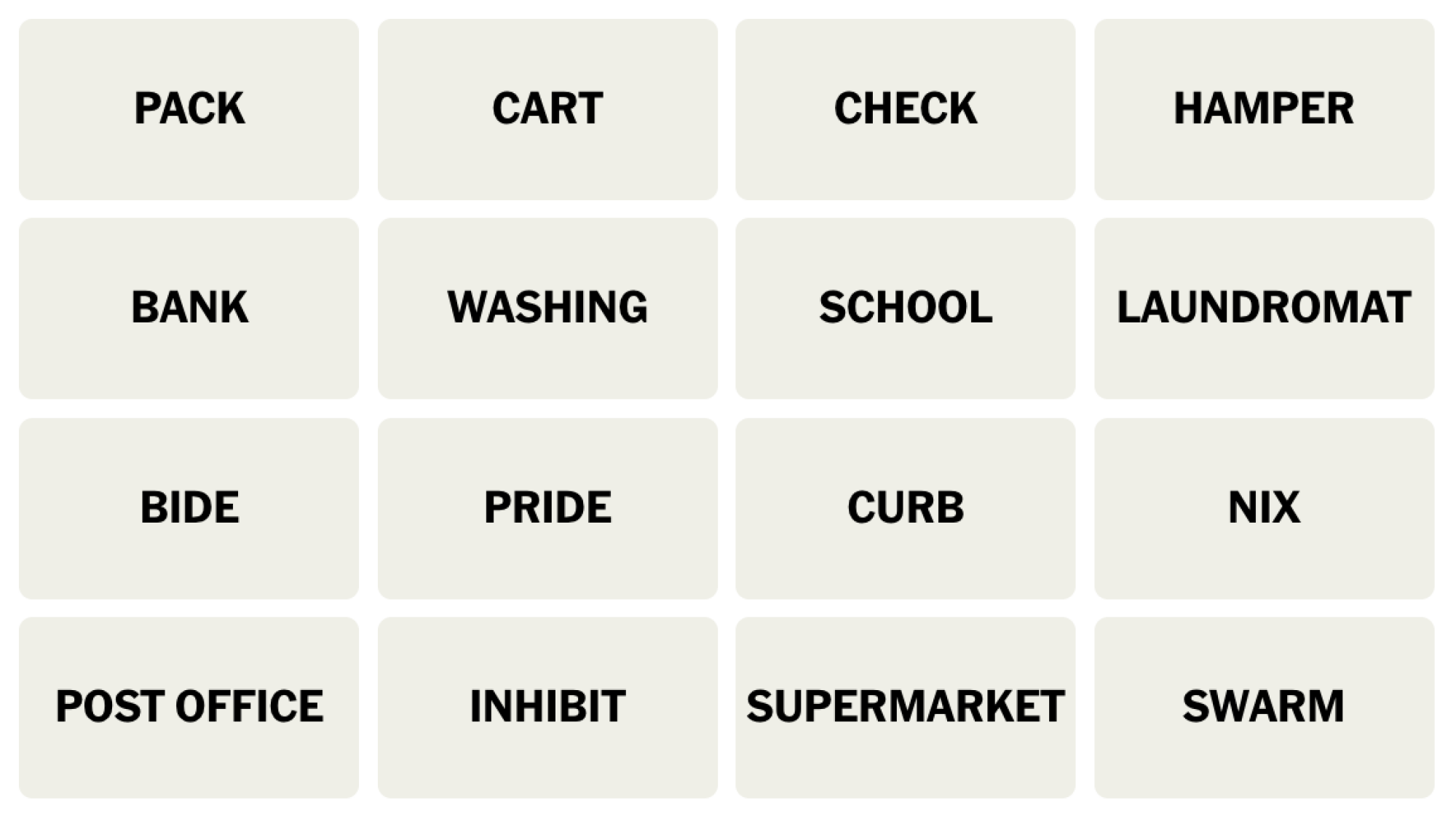 Tableau NYT Connections du 17 juillet 2024 : PACK, CART, CHECK, HAMPER, BANK, WASHING, SCHOOL, LAUNDROMAT, BIDE, PRIDE, KERB, NIX, POST OFFICE, INHIBIT, SUPERMARKET, SWARM.