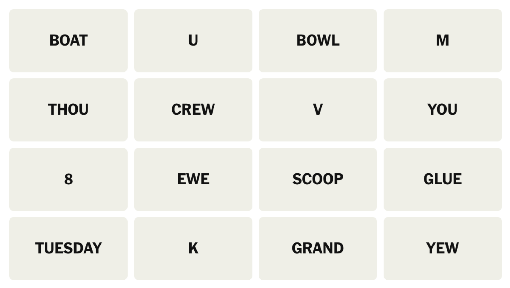 Tableau NYT Connections du 23 décembre 2024 : BOAT, U, BOWL, M, THOU, CREW, V, YOU, 8, EWE, SCOOP, GLUE, TUESDAY, K, GRAND, YeW.