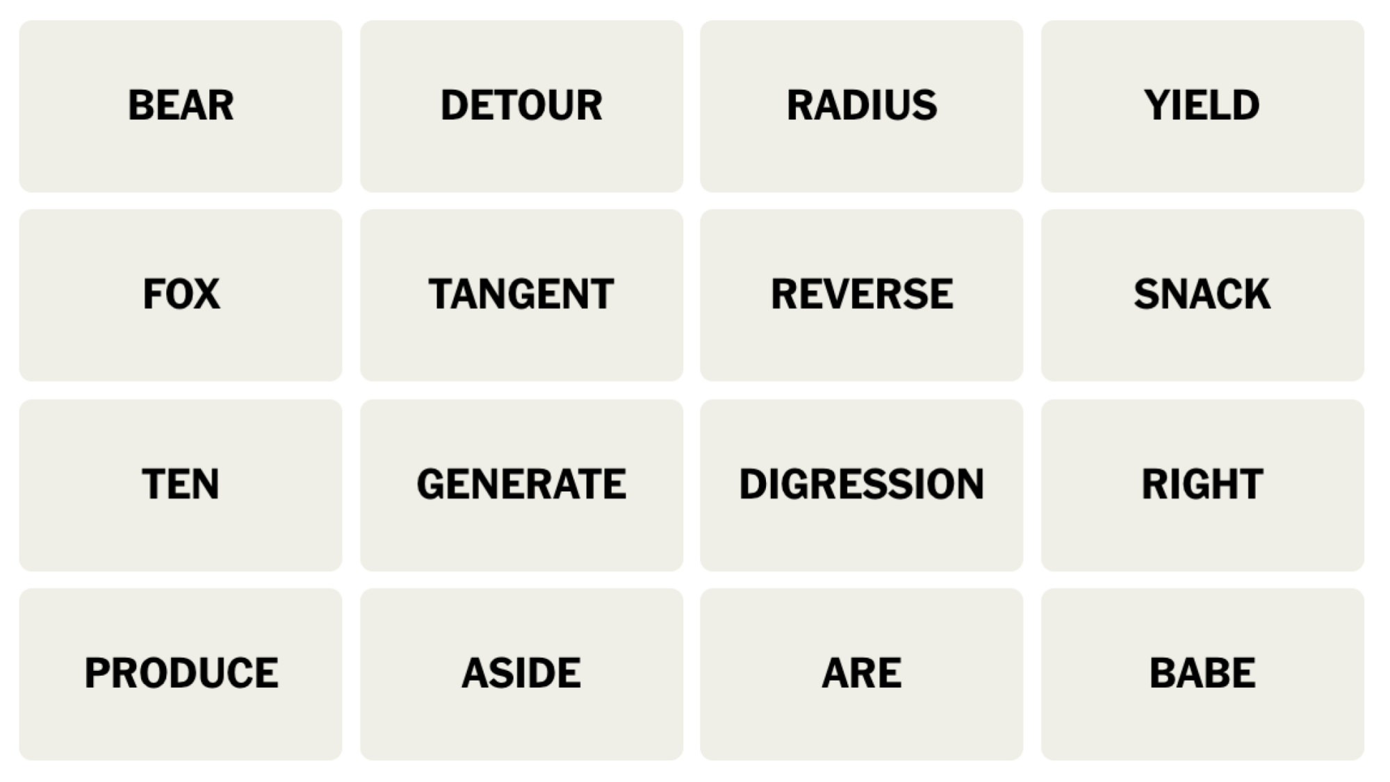 Tableau NYT Connections du 27 juillet 2024 : BEAR, DETOUR, RADIUS, YIELD, FOX, TANGENT, REVERSE, SNACK, TEN, GENERATE, DIGRESSION, RIGHT, PRODUCE, Apart, ARE, BABE.