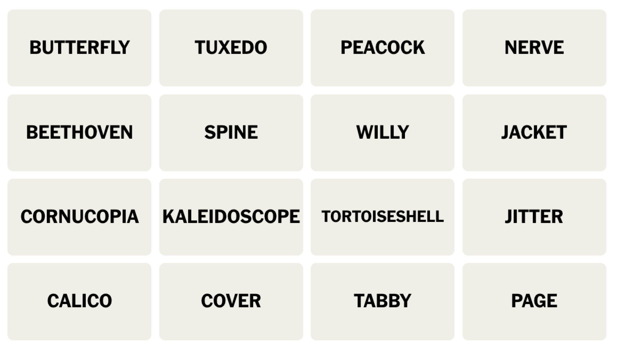 Tableau NYT Connections du 28 juillet 2024 : BUTTERFLY, TUXEDO, PEACOCK, NERVE, BEETHOVEN, SPINE, WILLY, JACKET, CORNUCOPIA, KALEIDOSCOPE, TORTOISESHELL, JITTER, CALICO, COVER, TABBY, PAGE.