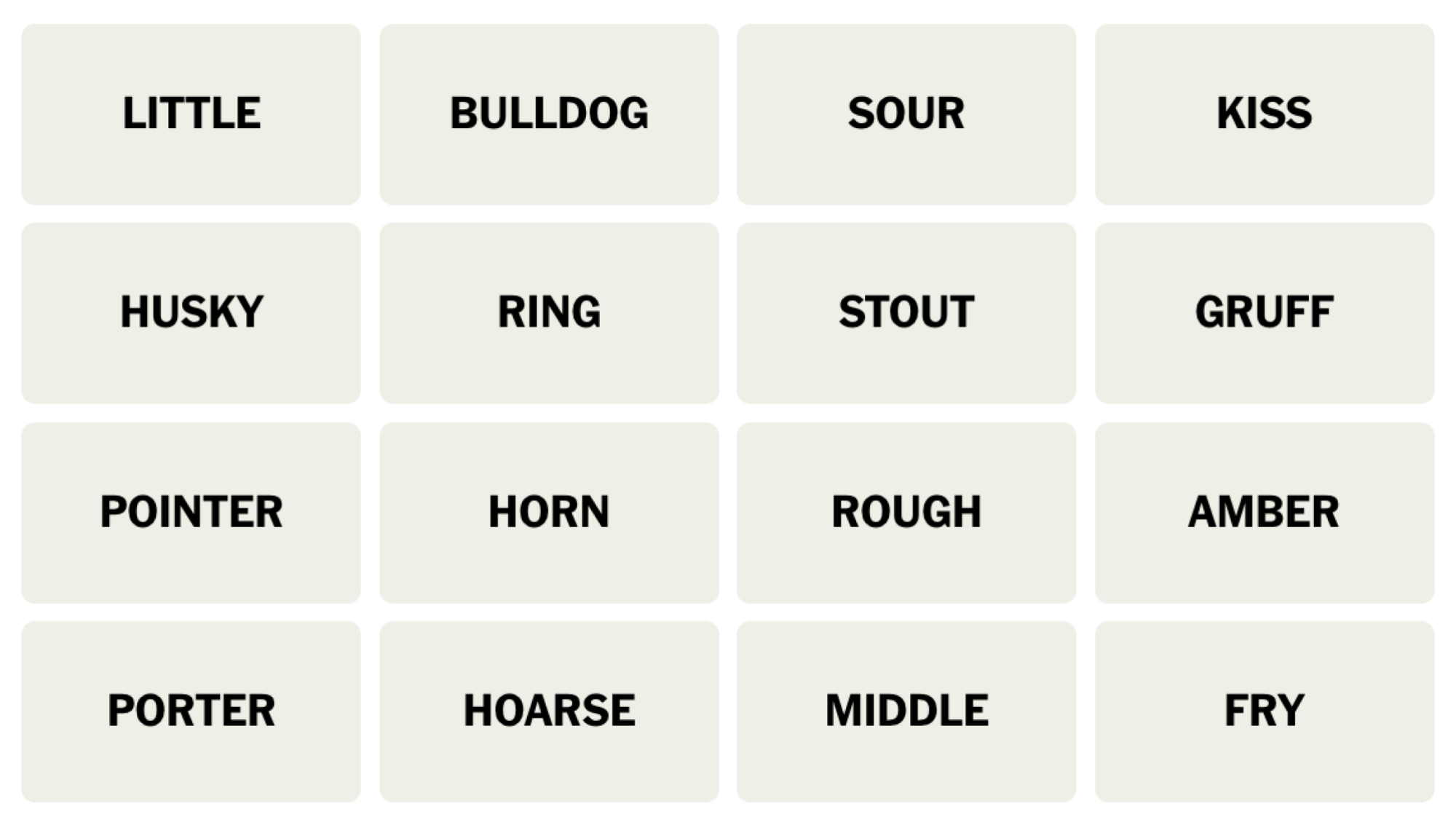 Tableau NYT Connections du 31 juillet 2024 : LITTLE, BULLDOG, SOUR, KISS, HUSKY, RING, STOUT, GRUFF, POINTER, HORN, RUGH, AMBER, PORTER, HOARSE, MIDDLE, FRY.