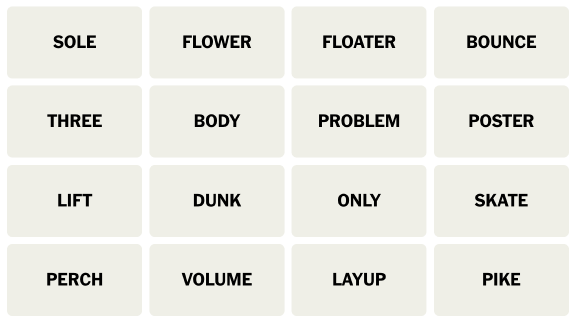 Tableau NYT Connections du 15 juin 2024 : SOLE, FLOWER, FLOATER, BOUNCE, THREE, BODY, PROBLEM, POSTER, LIFT, DUNK, ONLY, SKATE, PERCH, VOLUME, LAYUP, PIKE.
