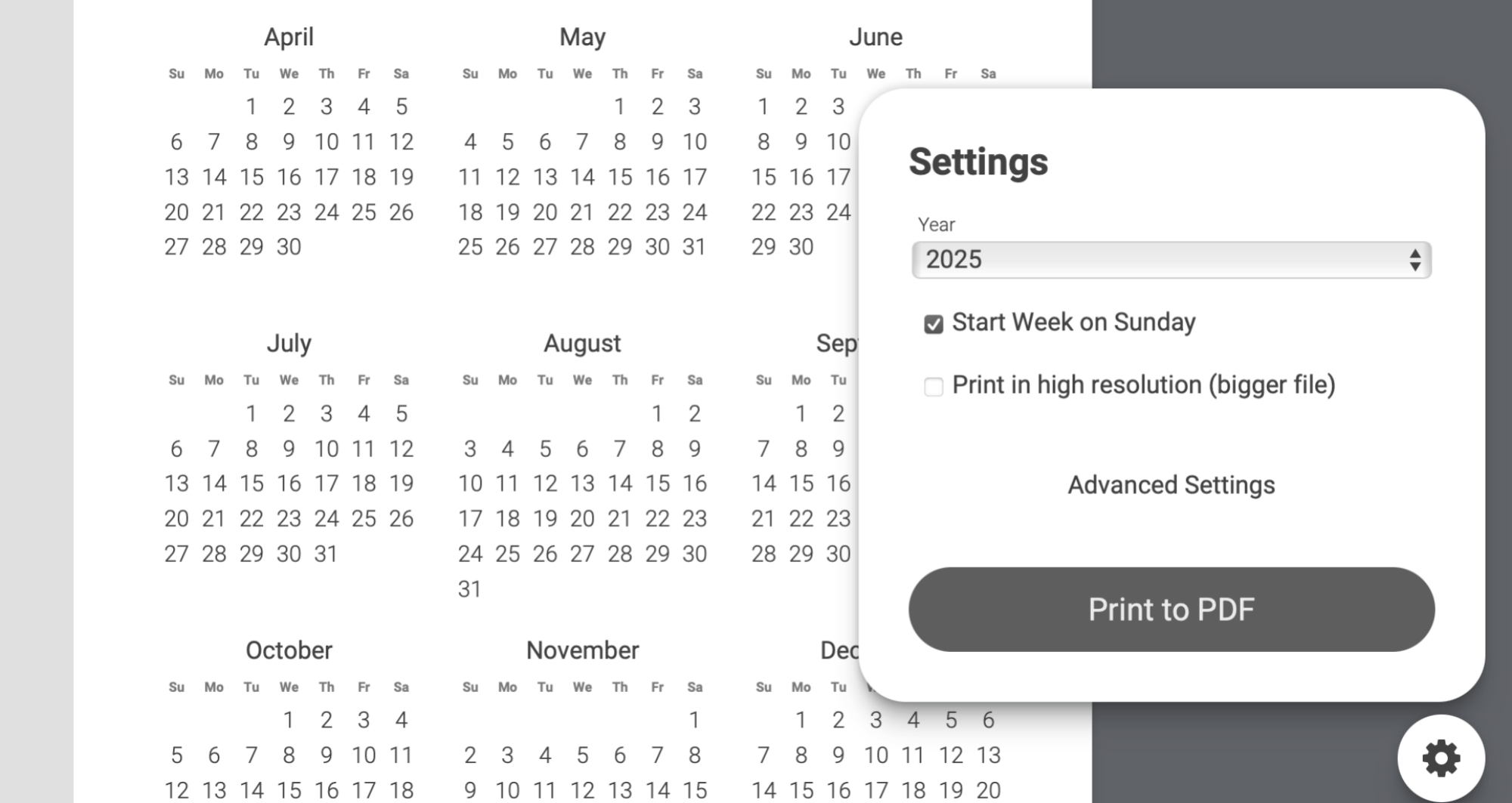 Un calendrier annuel, complet avec tous les mois, est affiché. Une superposition permet à l'utilisateur de le personnaliser.