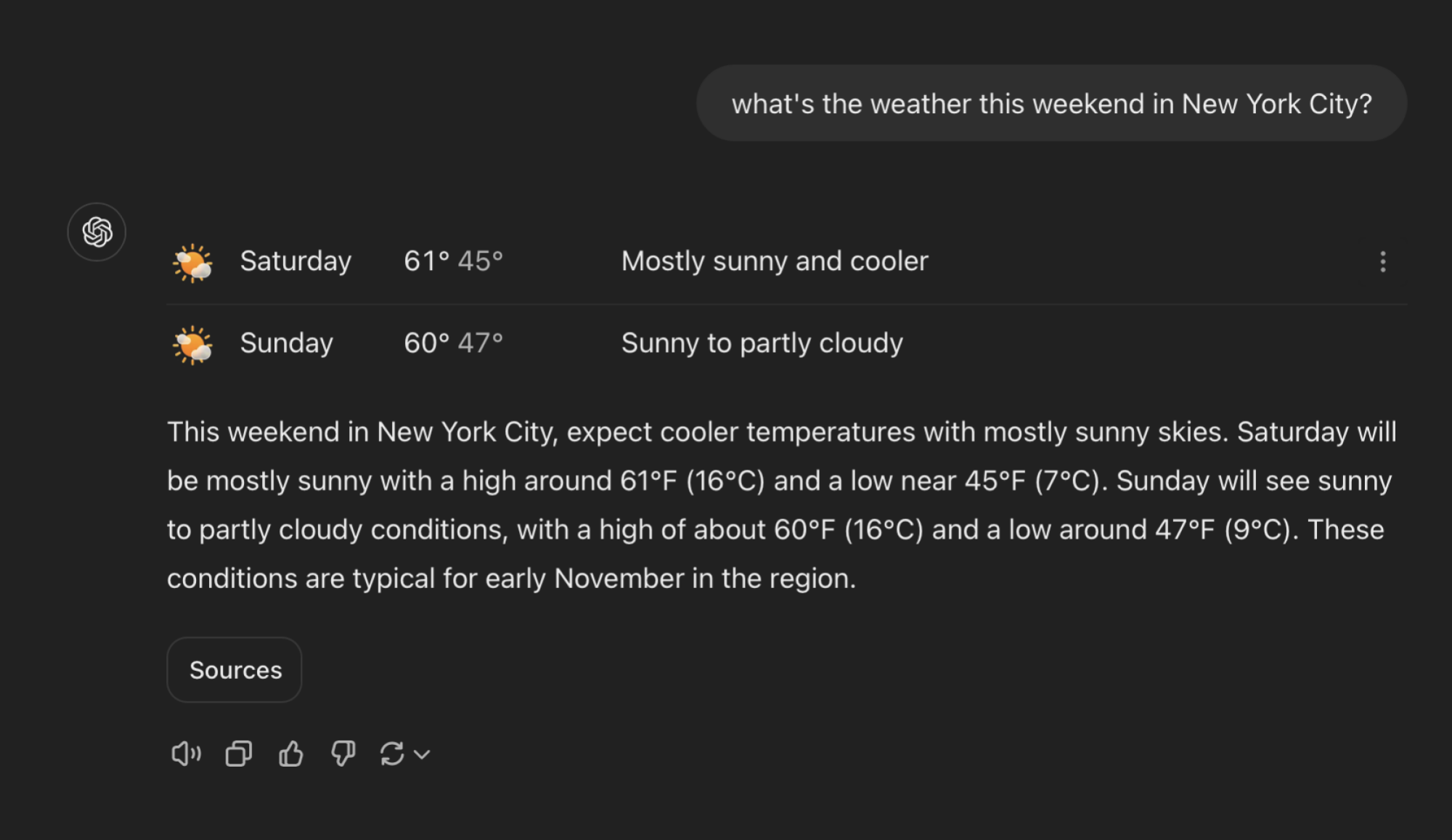 Résultats de recherche ChatGPT pour poser des questions sur la météo à New York