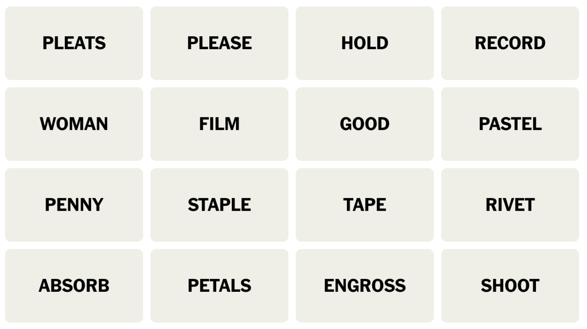 Tableau NYT Connections du 8 juin 2024 : PLIS, S'IL VOUS PLAÎT, TENIR, ENREGISTRER, FEMME, FILM, BON, PASTEL, PENNY, AGRAFE, TAPE, RIVET, ABSORB, PÉTALES, ENGROSS, SHOOT.