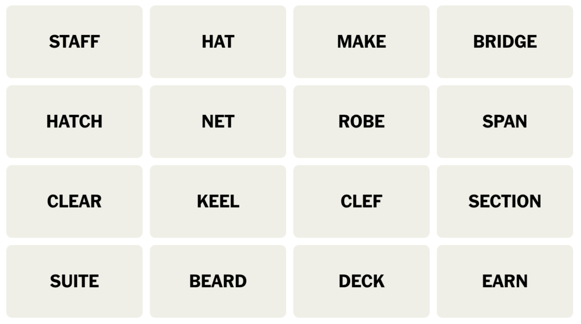 Tableau NYT Connections du 4 juin 2024 : STAFF, HAT, MAKE, BRIDGE, HATCH, NET, ROBE, SPAN, CLEAR, KEEL, CLEF, SUITE, BEARD, DECK, EARN.