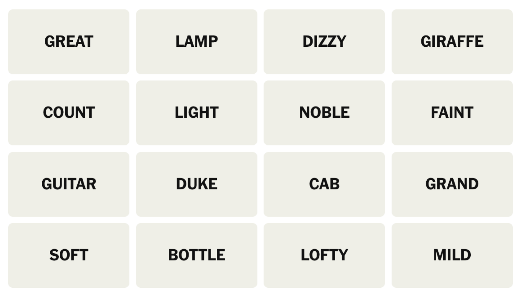 NYT Connections Board pour le 6 février 2025: Super, lampe, étourdie, girafe, compte, léger, noble, faible, guitare, duc, cabine, grand, doux, bouteille, haut, doux.