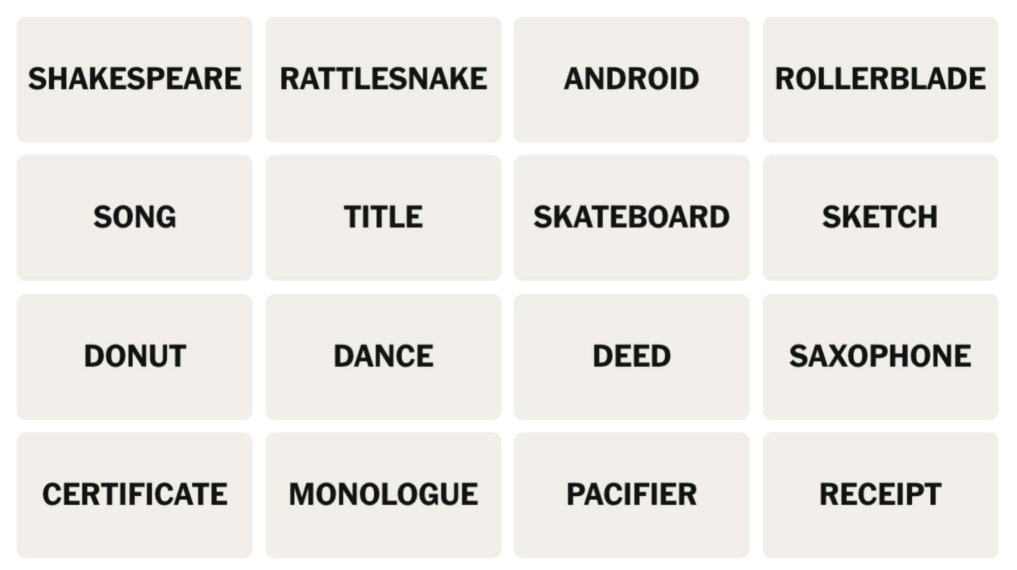 NYT Connections Board pour le 12 février 2025: Shakespeare, RattlesNake, Android, Rollerblade, Chanson, Title, Skateboard, Sketch, Donut, Dance, Deed, Saxophone, Certificat, Monologue, Pacificier, Receipt.