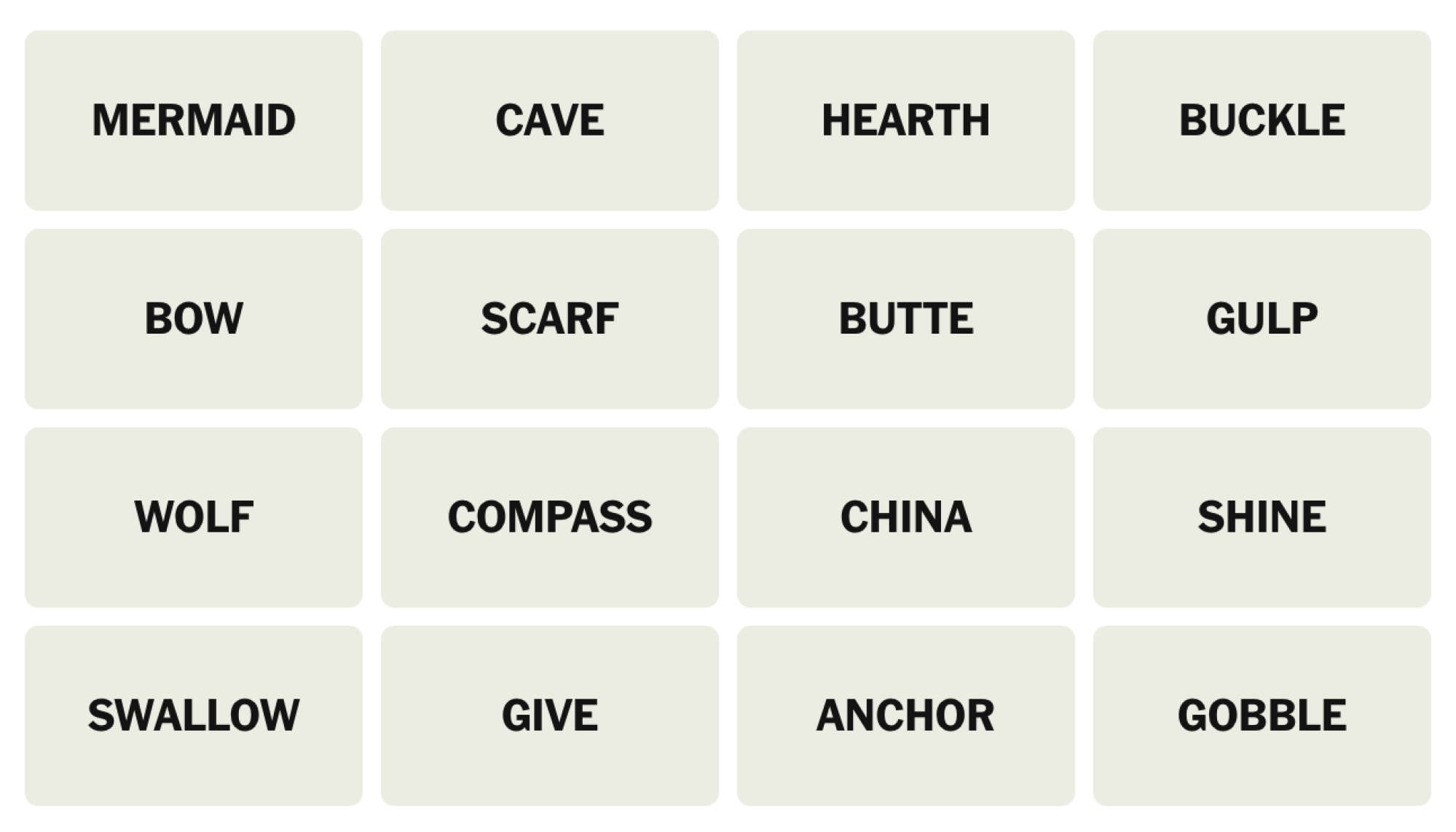 NYT Connections Board pour le 24 février 2025: sirène, grotte, foyer, boucle, arc, foulard, butte, gulp, loup, boussole, chinoise, brillance, avaler, donner, ancrer, gobe.