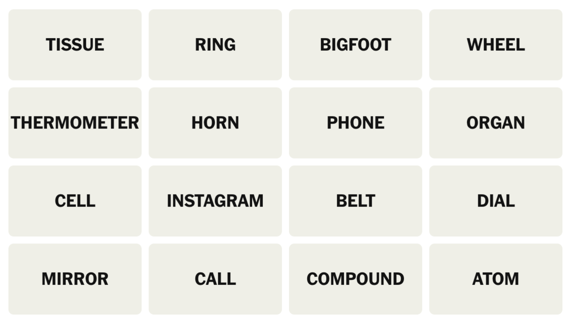 NYT Connections Board pour le 27 février 2025: tissu, anneau, bigfoot, roue, thermomètre, corne, téléphone, orgue, cellule, Instagram, ceinture, cadran, miroir, appel, composé, atome.