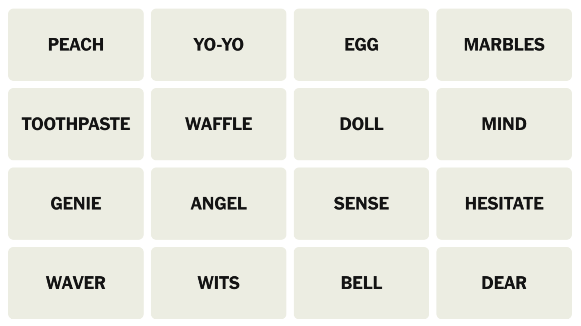 NYT Connections Board pour le 28 février 2025: Peach, yo-yo, œuf, billes, dentifrice, gaufre, poupée, esprit, génie, ange, sens, hésiter, waver, Wits, Bell, mon cher.