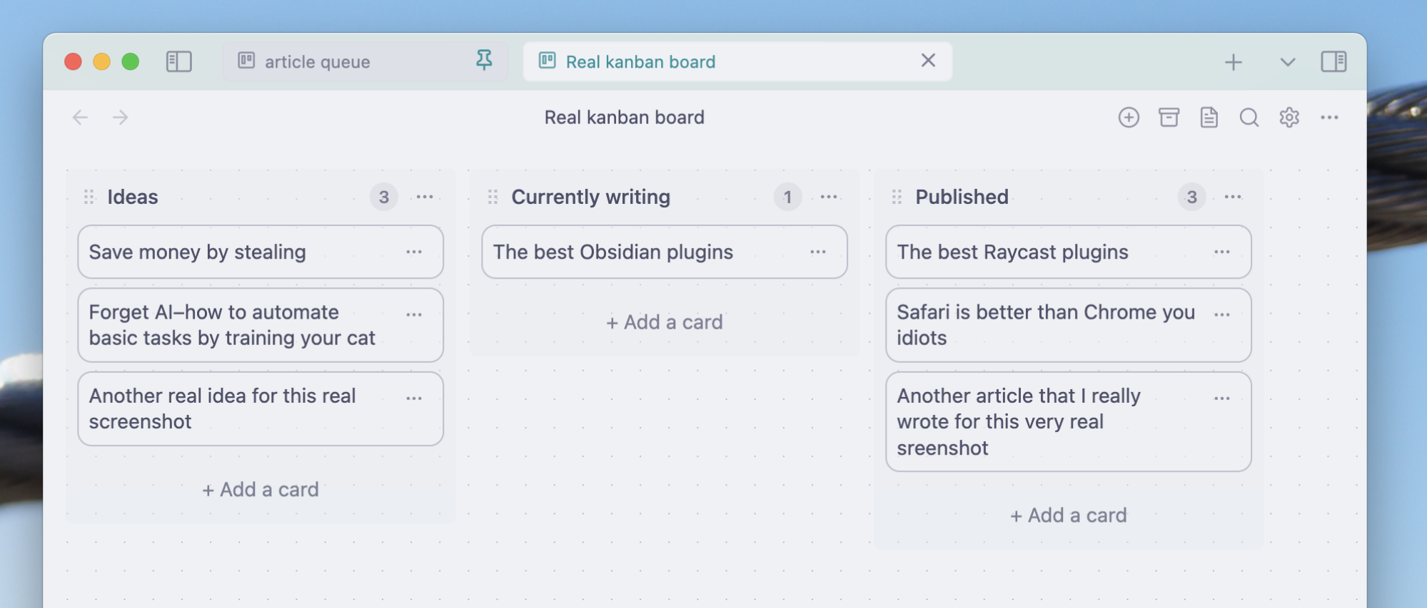 Une démonstration kanban board avec de fausses idées d'articles