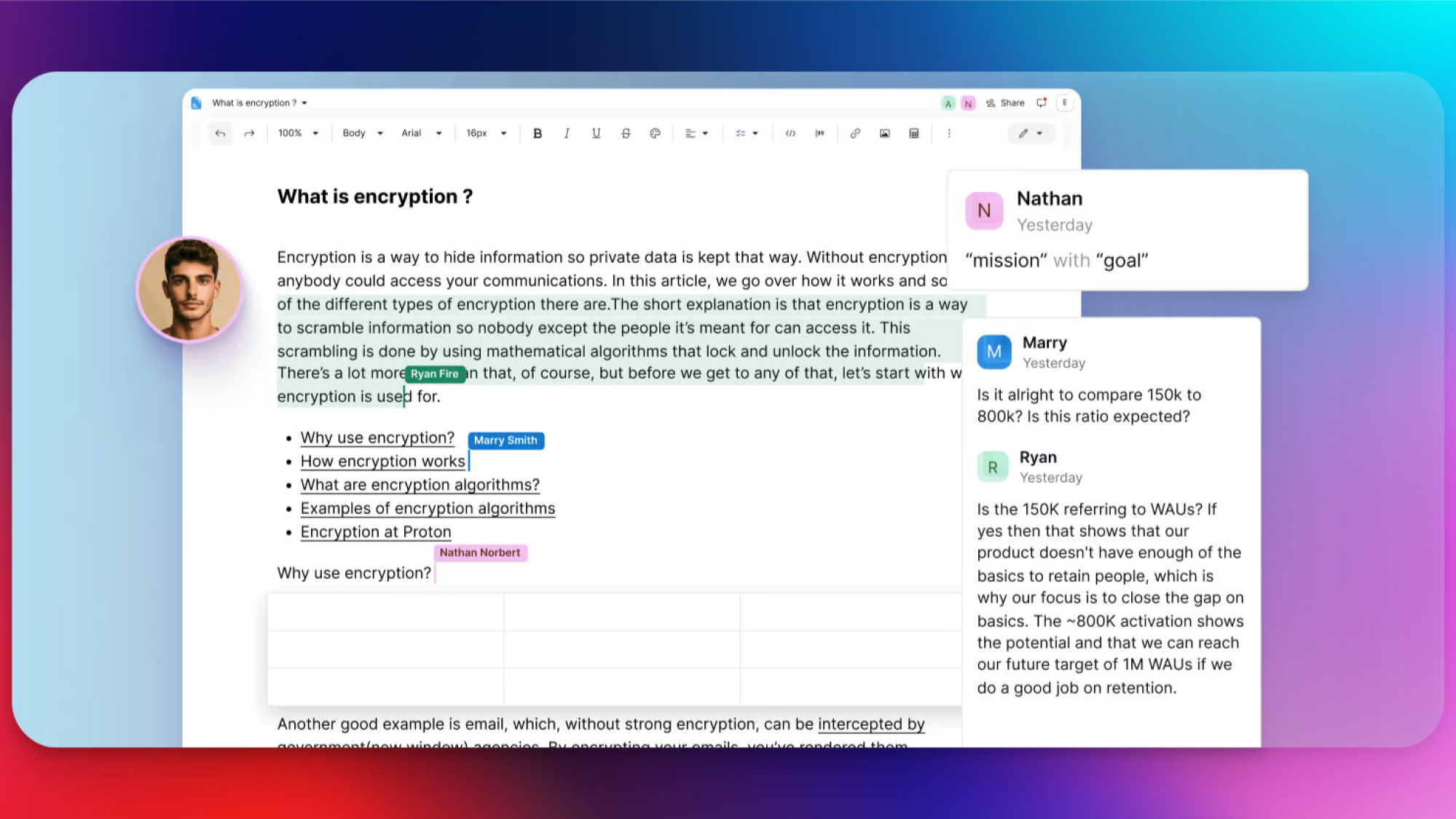 Proton Docs, avec des commentaires sur un document collaboratif.