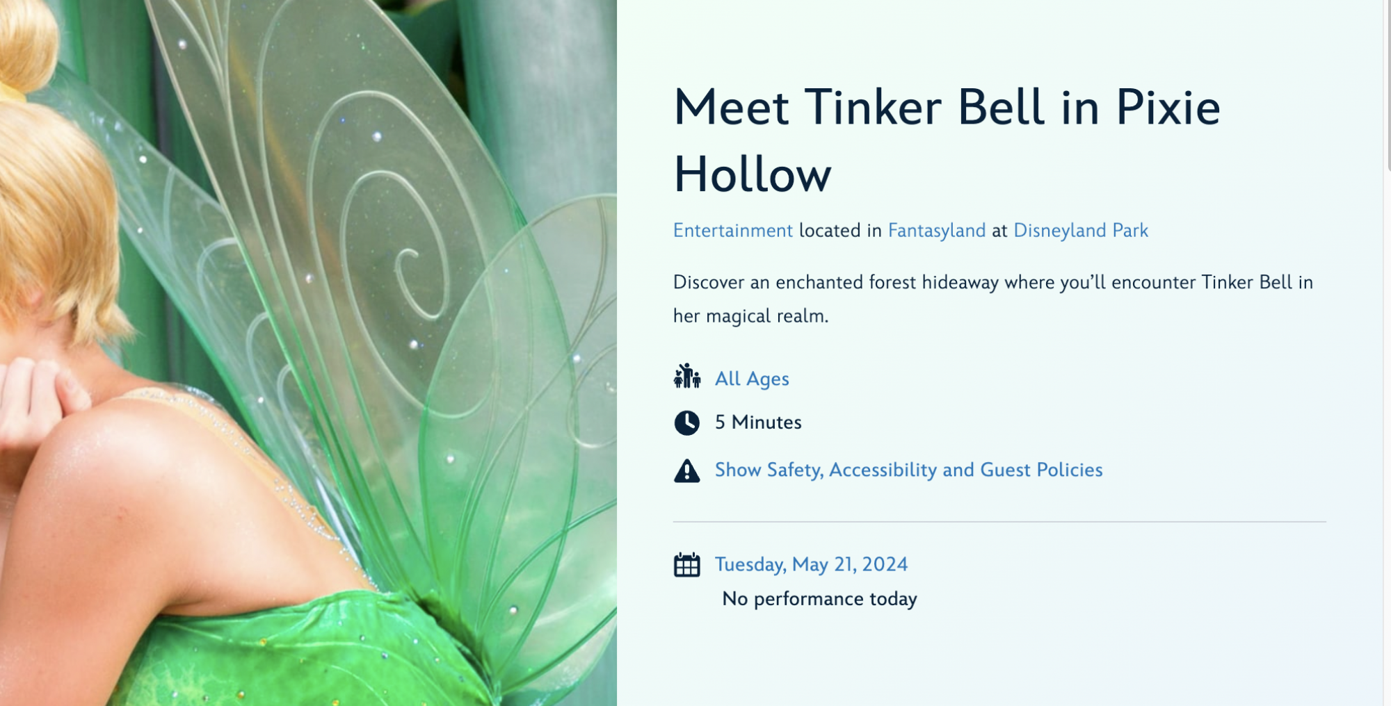 Horaire de Tinkerbell à Disneyland