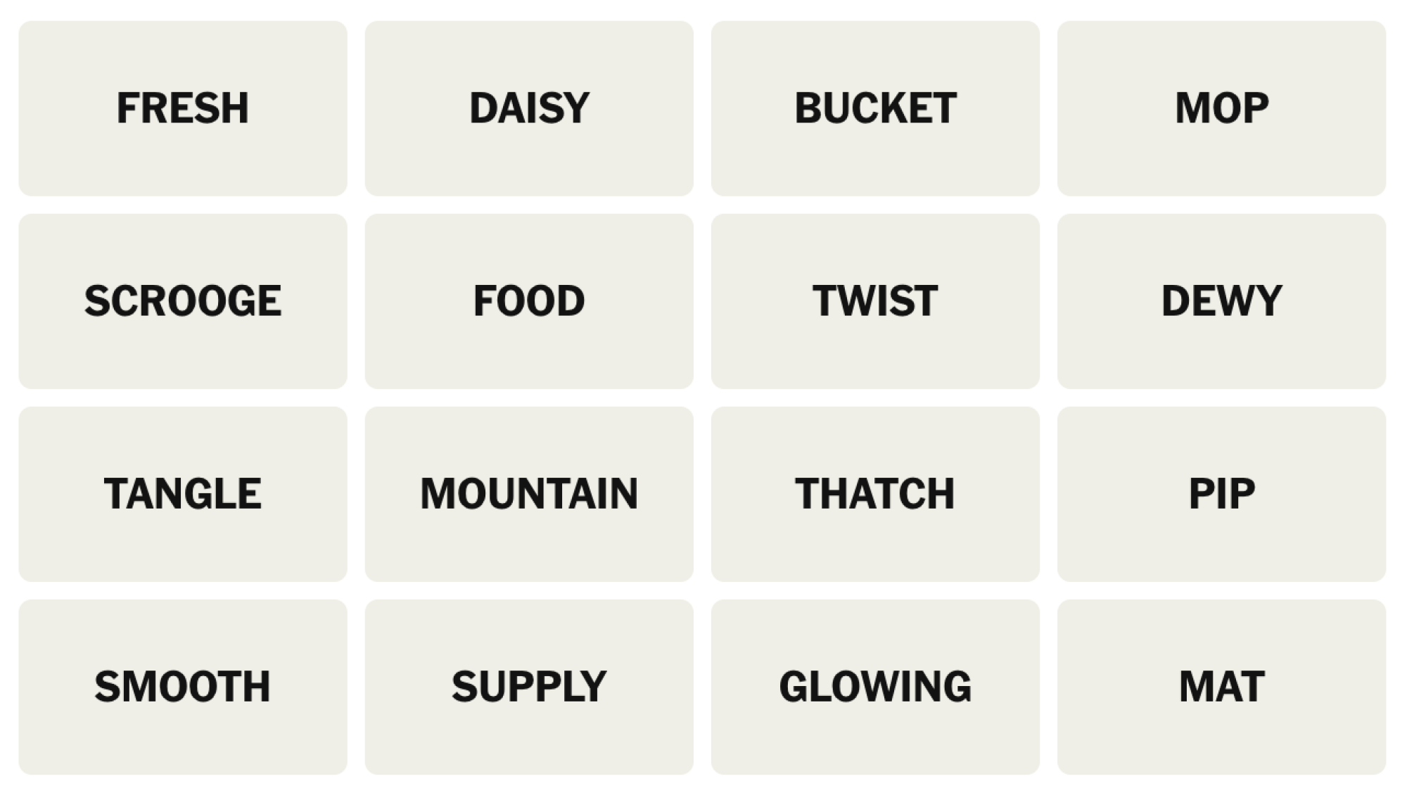 NYT Connections Board pour le 4 mars 2025: Fresh, Daisy, seau, vadrouille, Scrooge, nourriture, torsion, Dewy, enchevêtrement, montagne, chaume, pip, lisse, approvisionnement, éclatant, tapis.