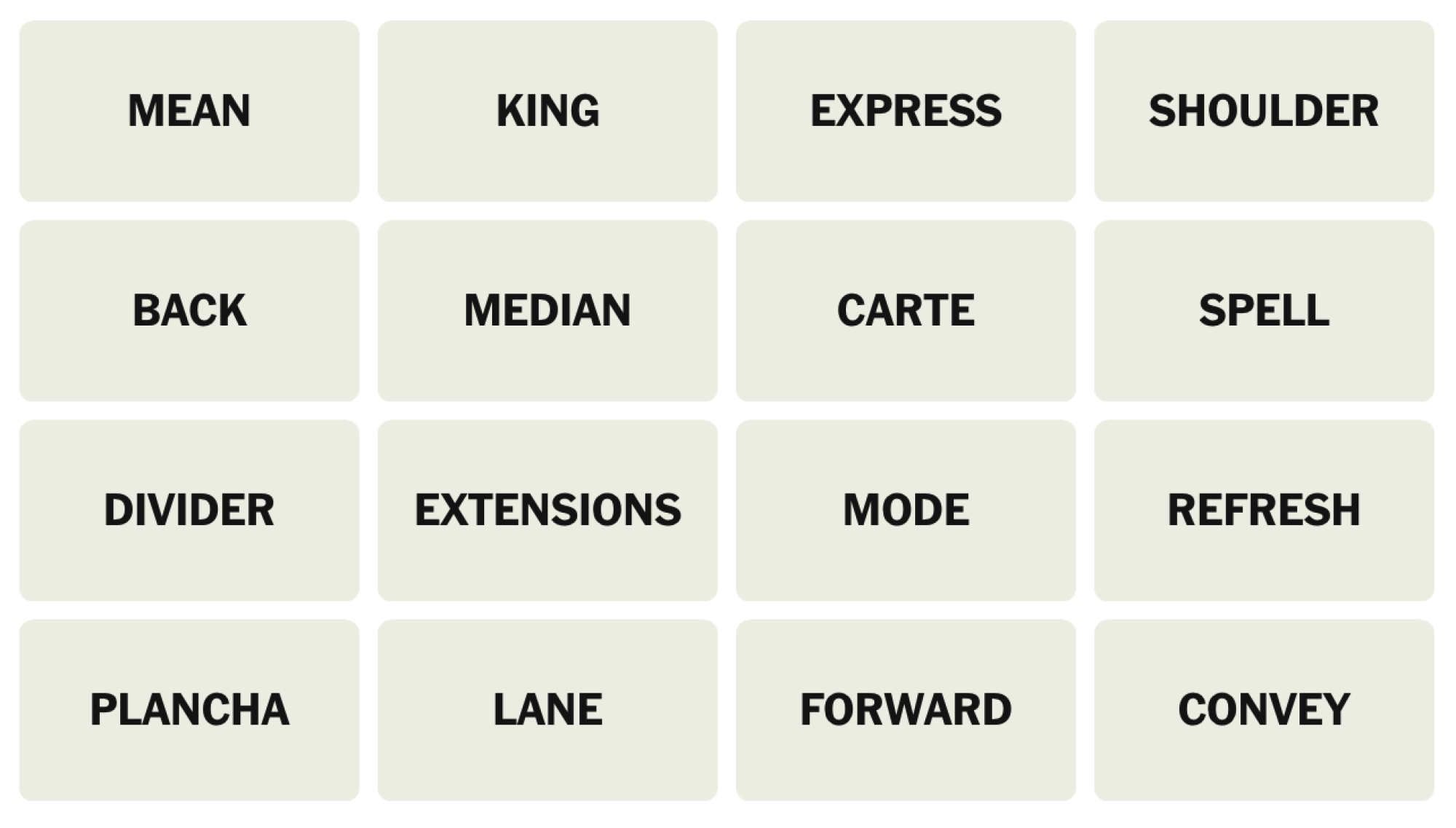 NYT Connections Board pour le 19 mars 2025: moyenne, roi, express, épaule, dos, médiane, carte, sort, diviseur, extensions, mode, rafraîchissement, plancha, voie, en avant, transmet.