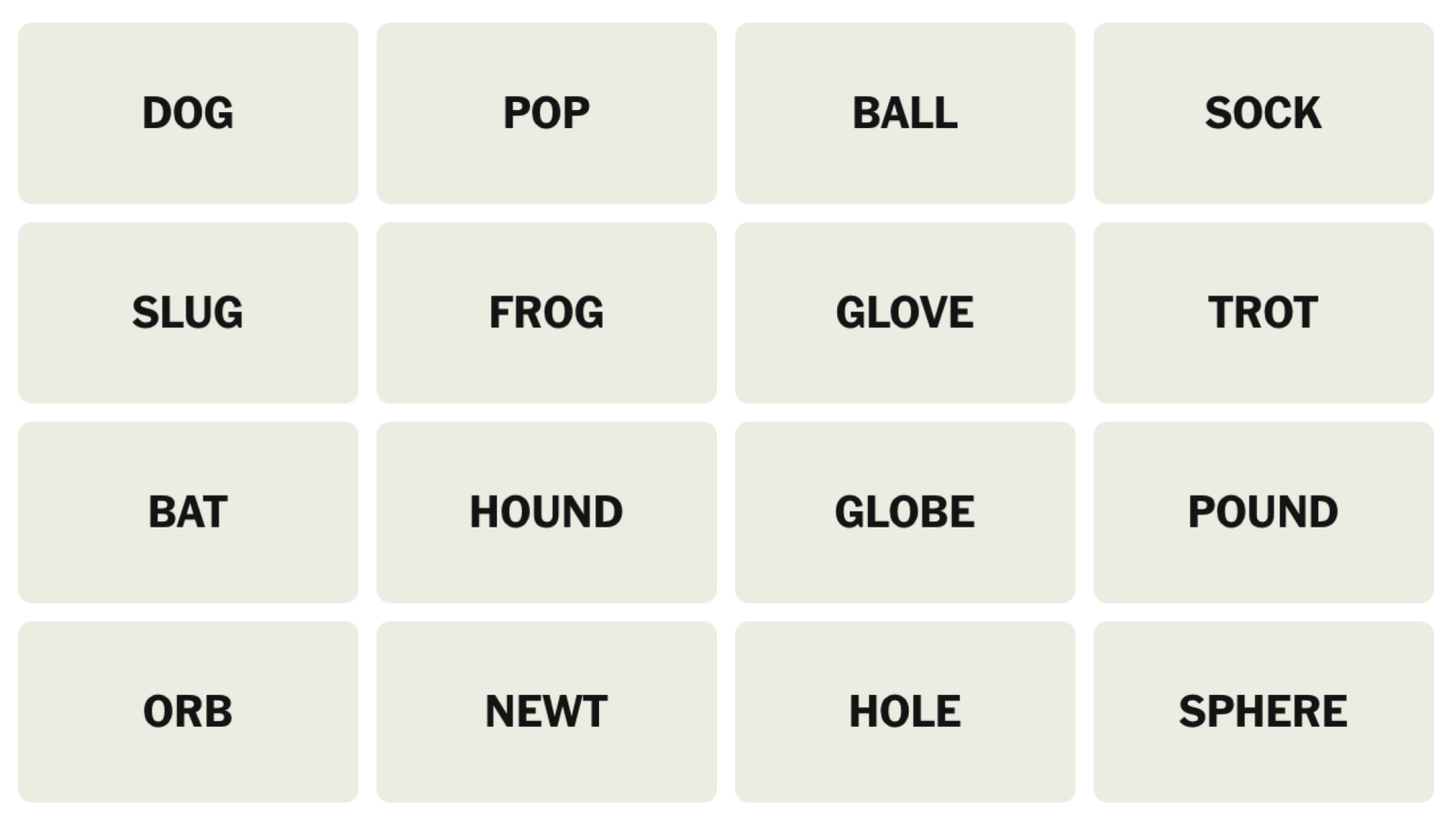NYT Connections Board pour le 9 avril 2025: chien, pop, balle, chaussette, limace, grenouille, gant, trot, chauve-souris, chien, globe, livre, orbe, triton, trou, sphère.