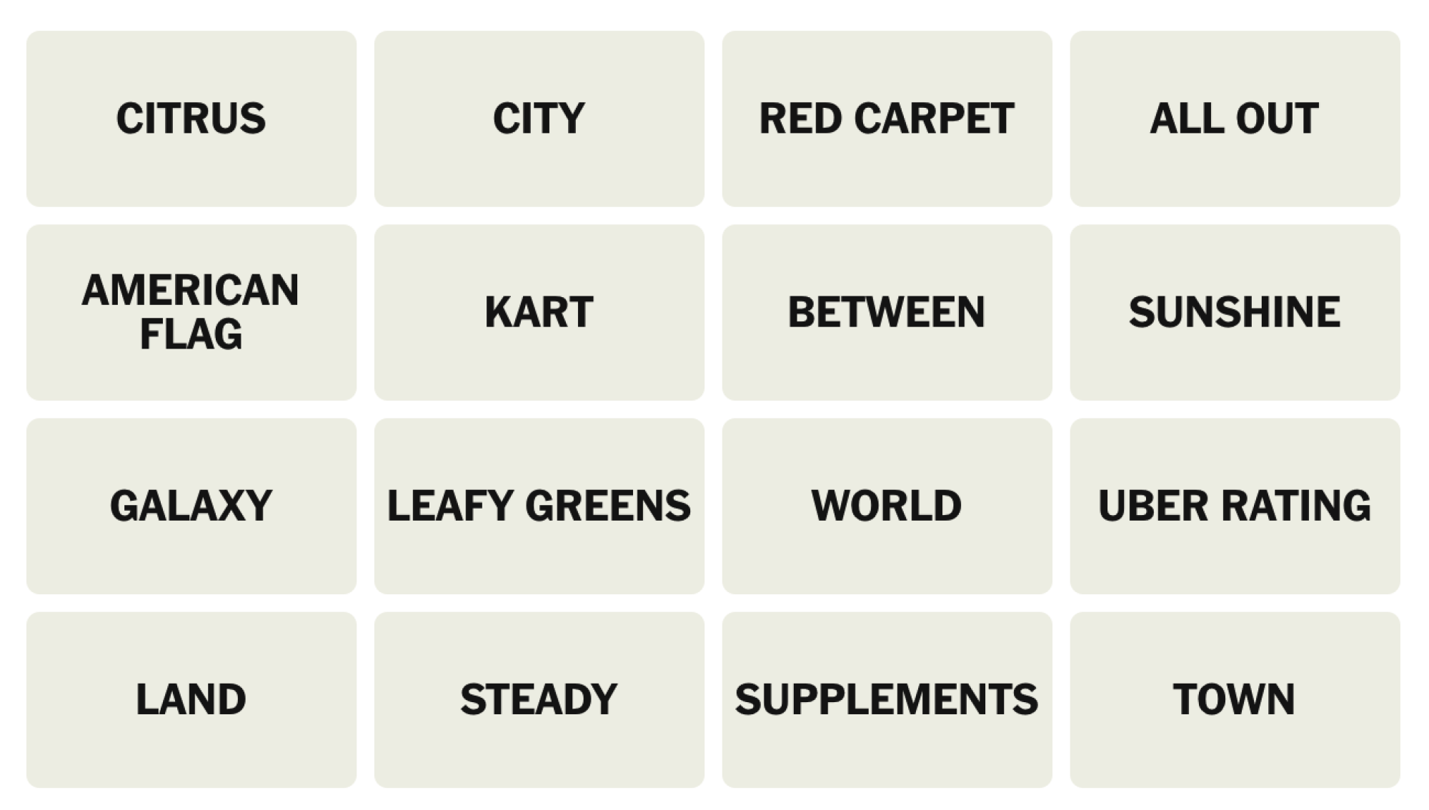 NYT Connections Board pour le 11 avril 2025: agrumes, ville, tapis rouge, tout out, drapeau américain, kart, entre, Sunshine, Galaxy, feuilles verts, monde, cote Uber, terre, stable, suppléments, ville.