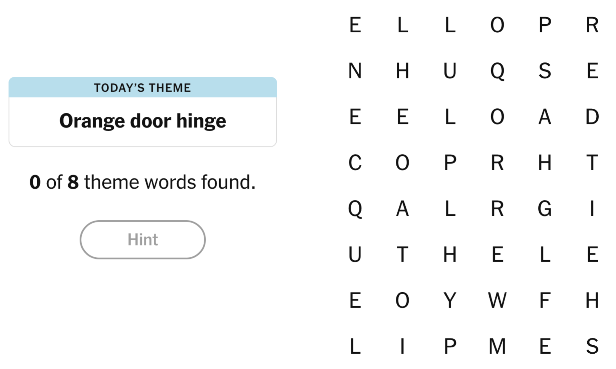 NYT Strands Board pour le 13 avril 2025: Hinge de porte orange.