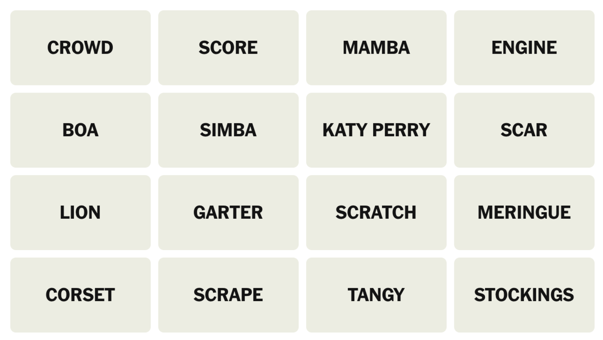 NYT Connections Board pour le 16 avril 2025: foule, score, mamba, moteur, boa, Simba, Katy Perry, cicatrice, lion, jarretière, grattage, meringue, corset, grat, acidule, bas.
