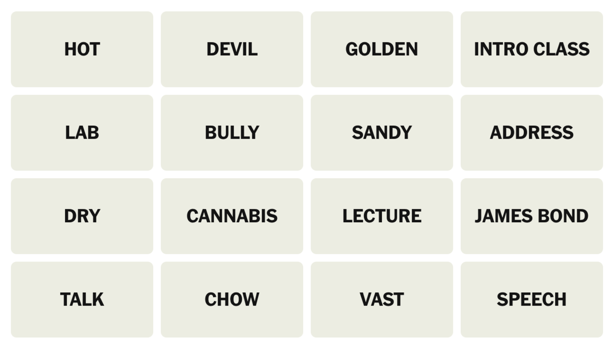 NYT Connections Board pour le 19 avril 2025: chaud, diable, doré, classe d'intro, laboratoire, intimidateur, sable, adresse, sèche, cannabis, conférence, James Bond, Talk, Chow, vaste, discours.