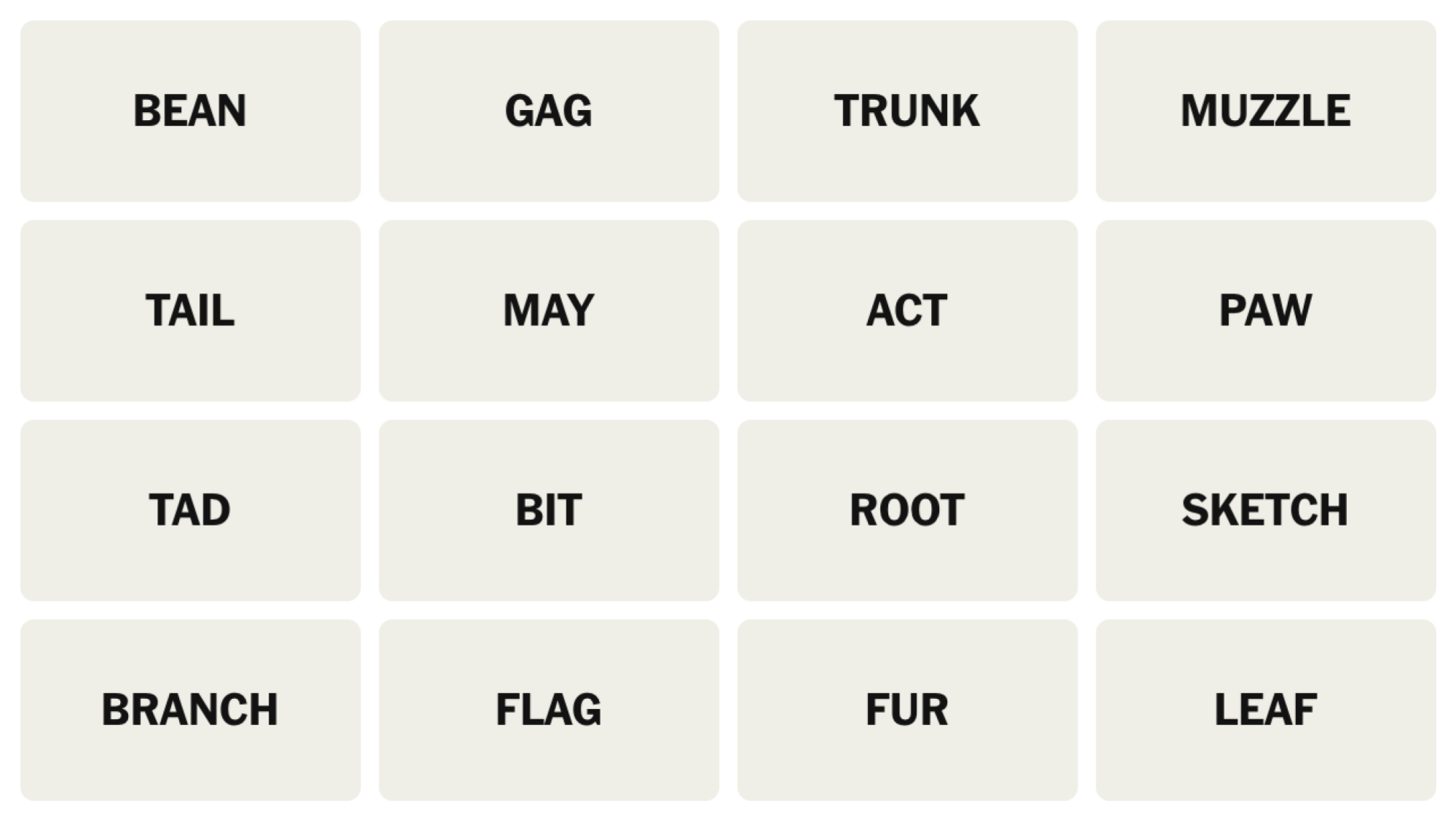 NYT Connections Board pour le 23 avril 2025: haricot, bâillon, coffre, museau, queue, mai, acte, patte, un peu, bit, racine, croquis, branche, drapeau, fourrure, feuille.