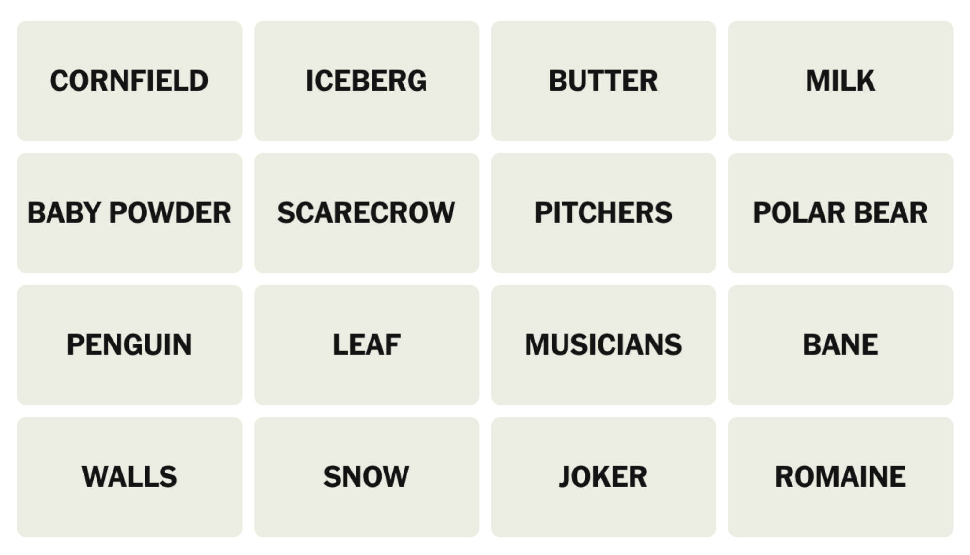 NYT Connections Board pour le 24 avril 2025: Cornfield, iceberg, beurre, lait, poudre pour bébé, épouvantail, lanceurs, ours polaires, pingouin, feuilles, musiciens, fléau, murs, neige, Joker, romaine.