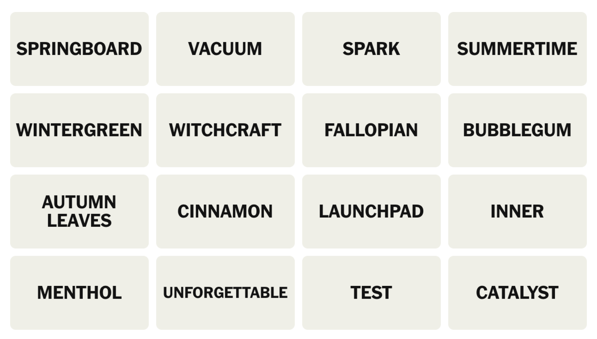 NYT Connections Board pour le 25 avril 2025: tremplin, vide, étincelle, été, Wintergreen, sorcellerie, Fallope, bubblegum, feuilles d'automne, cannelle, lancement, intérieur, menthol, inoubliable, test, catalyseur.