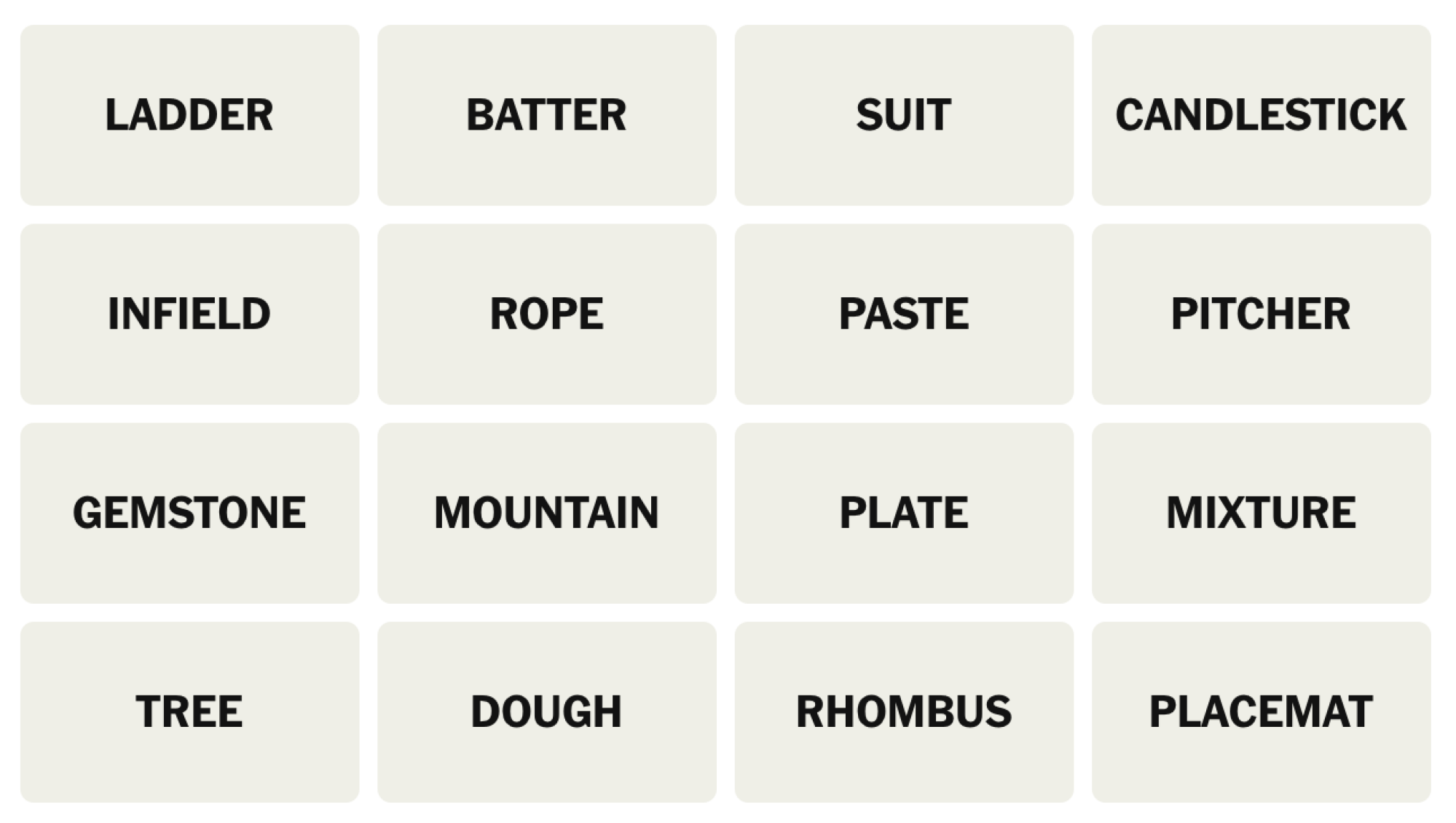 NYT Connections Board pour le 29 avril 2025: échelle, pâte, costume, chandelier, champ intérieur, corde, pâte, pichet, pierre précieuse, montagne, assiette, mélange, arbre, pâte, losange, nacame.