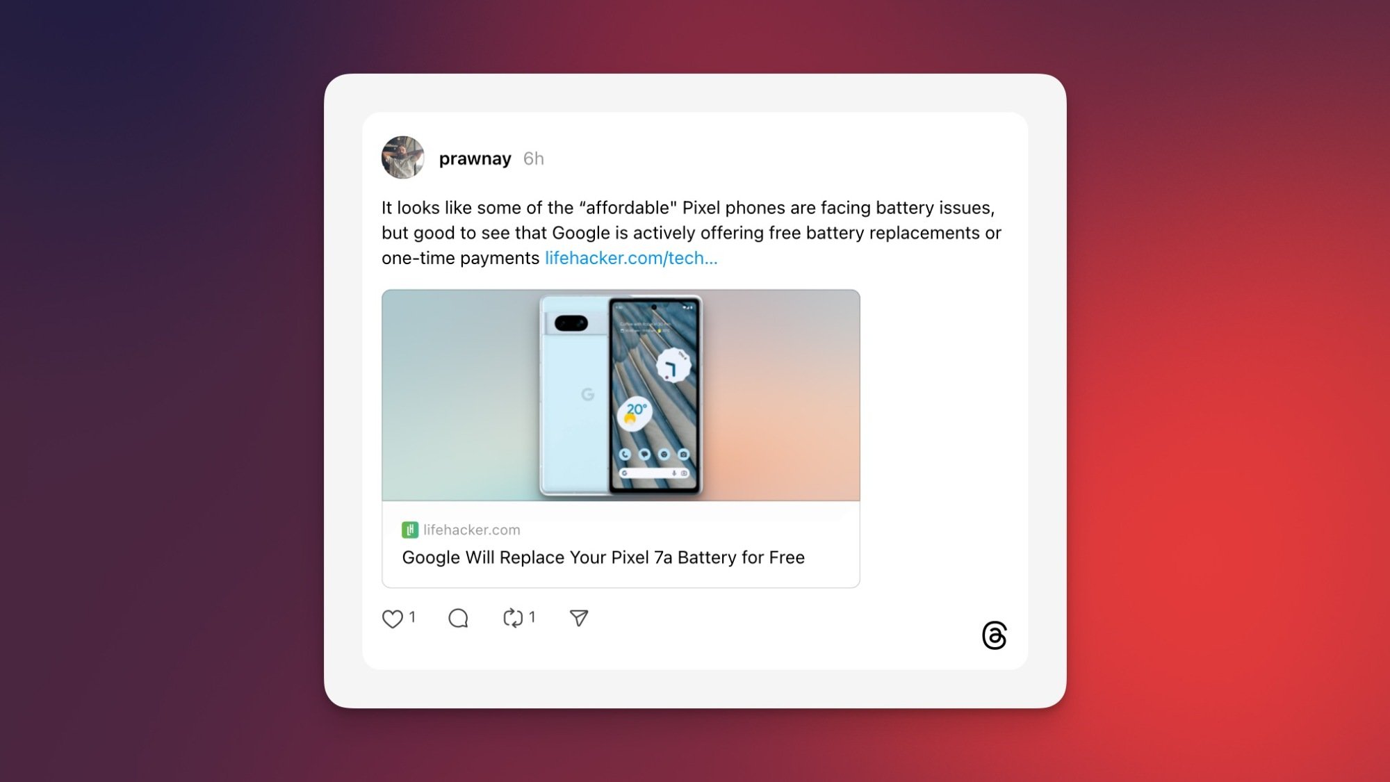 Le message de l'auteur sur les threads, parlant de l'offre de Google d'un remplacement de batterie gratuit pour les appareils Pixel 7A affectés.