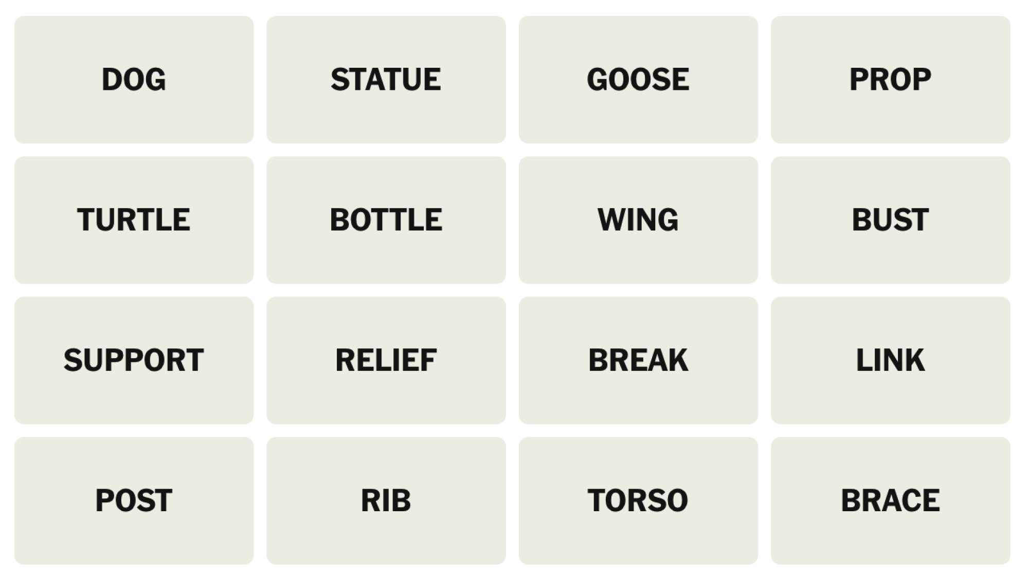 NYT Connections Board pour le 2 mai 2025: chien, statue, oie, accessoire, tortue, bouteille, aile, buste, soutien, relief, pause, lien, poste, côte, torse, attelle.