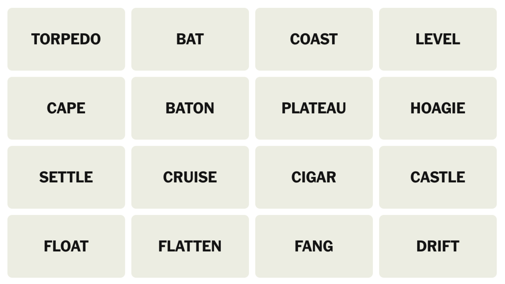 NYT Connections Board pour le 5 mai 2025: torpille, chauve-souris, côte, niveau, cape, baton, plateau, hoagie, sceller, croisière, cigare, château, flotteur, aplatissement, croûte, dérive.