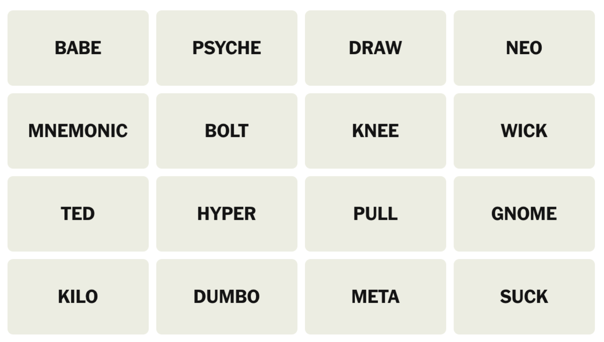 NYT Connections Board pour le 14 mai 2025: bébé, psyché, tirage, néo, mnémonique, boulon, genou, mèche, ted, hyper, pull, gnome, kilo, dumbo, meta, sucer.