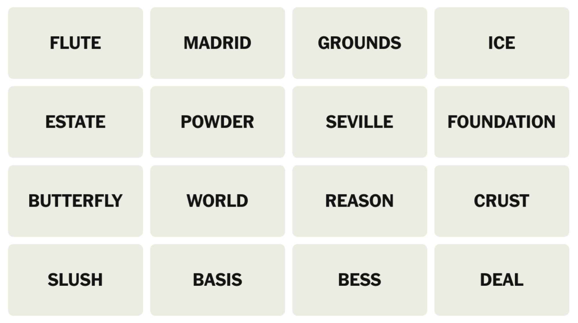 NYT Connections Board pour le 15 mai 2025: flûte, Madrid, terrain, glace, succession, poudre, Séville, fondation, papillon, monde, raison, croûte, neige fondante, base, Bess, Deal.