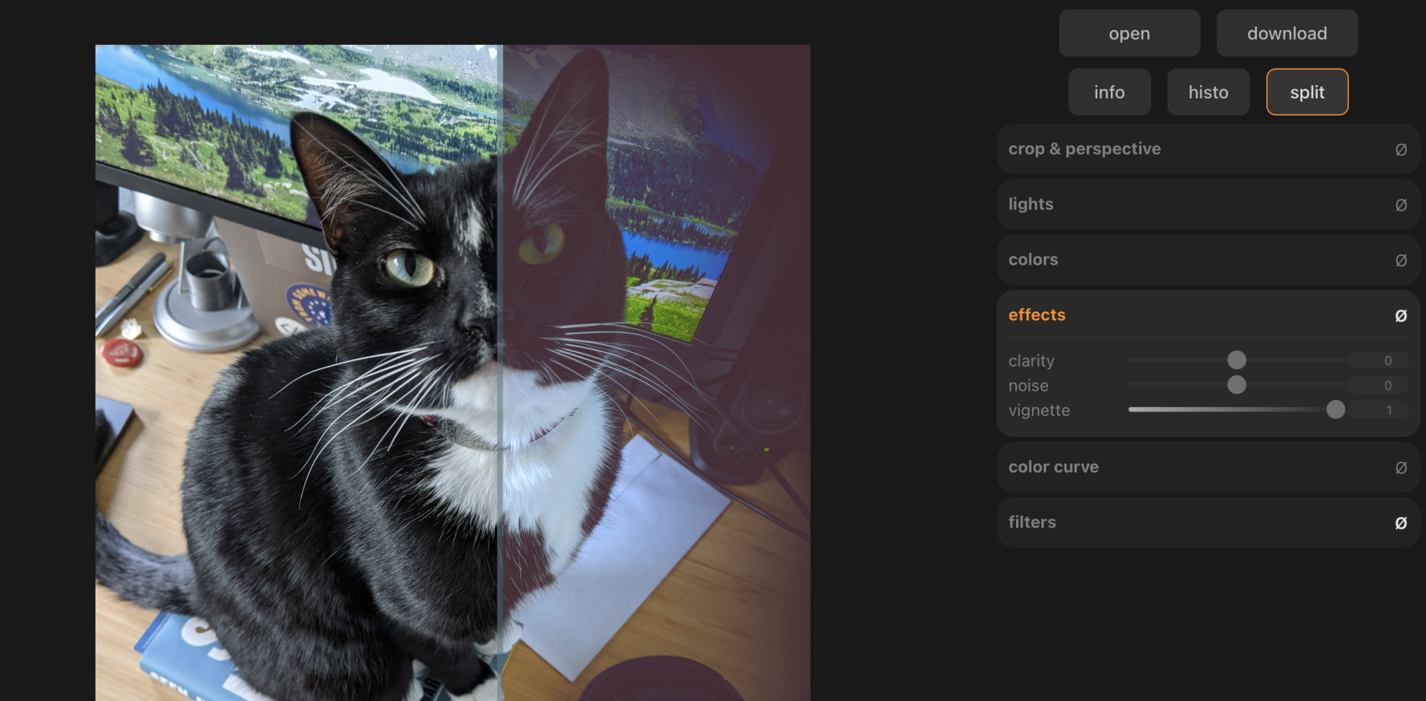 L'éditeur d'image a été une barre divisée au milieu, montrant à quoi ressemble la photo avant et après les changements.
