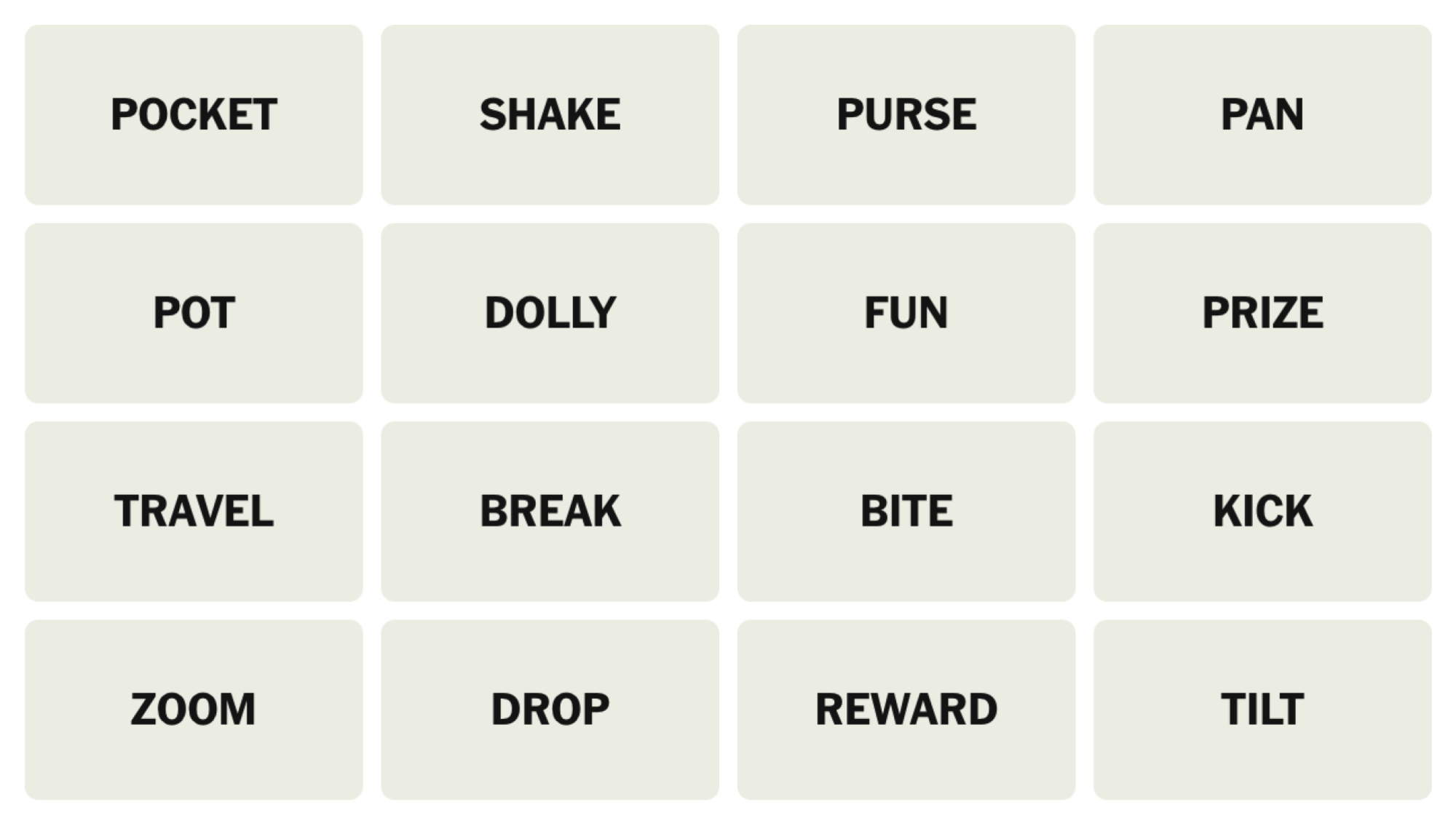 NYT Connections Board pour le 1er mai 2025: Poche, shake, sac à main, casserole, pot, chariot, plaisir, prix, voyage, pause, morsure, coup de pied, zoom, goutte, récompense, inclinaison.
