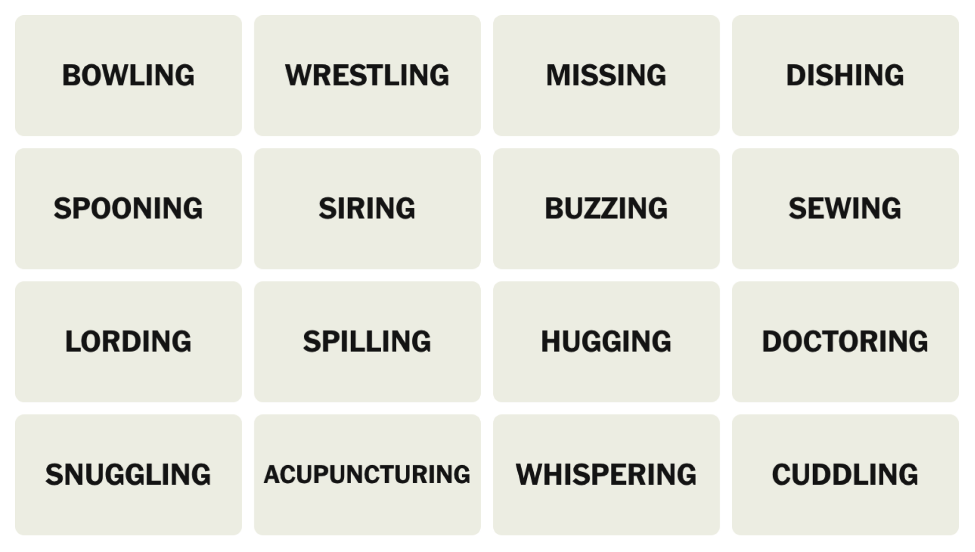 NYT Connections Board pour le 12 juin 2025: Bowling, lutte, manquant, plat, cuillère, sirat, bourdonnement, couture, législature, déversement, étreinte, docine, blottisseur, acupuncture, chuchotement, câlins.